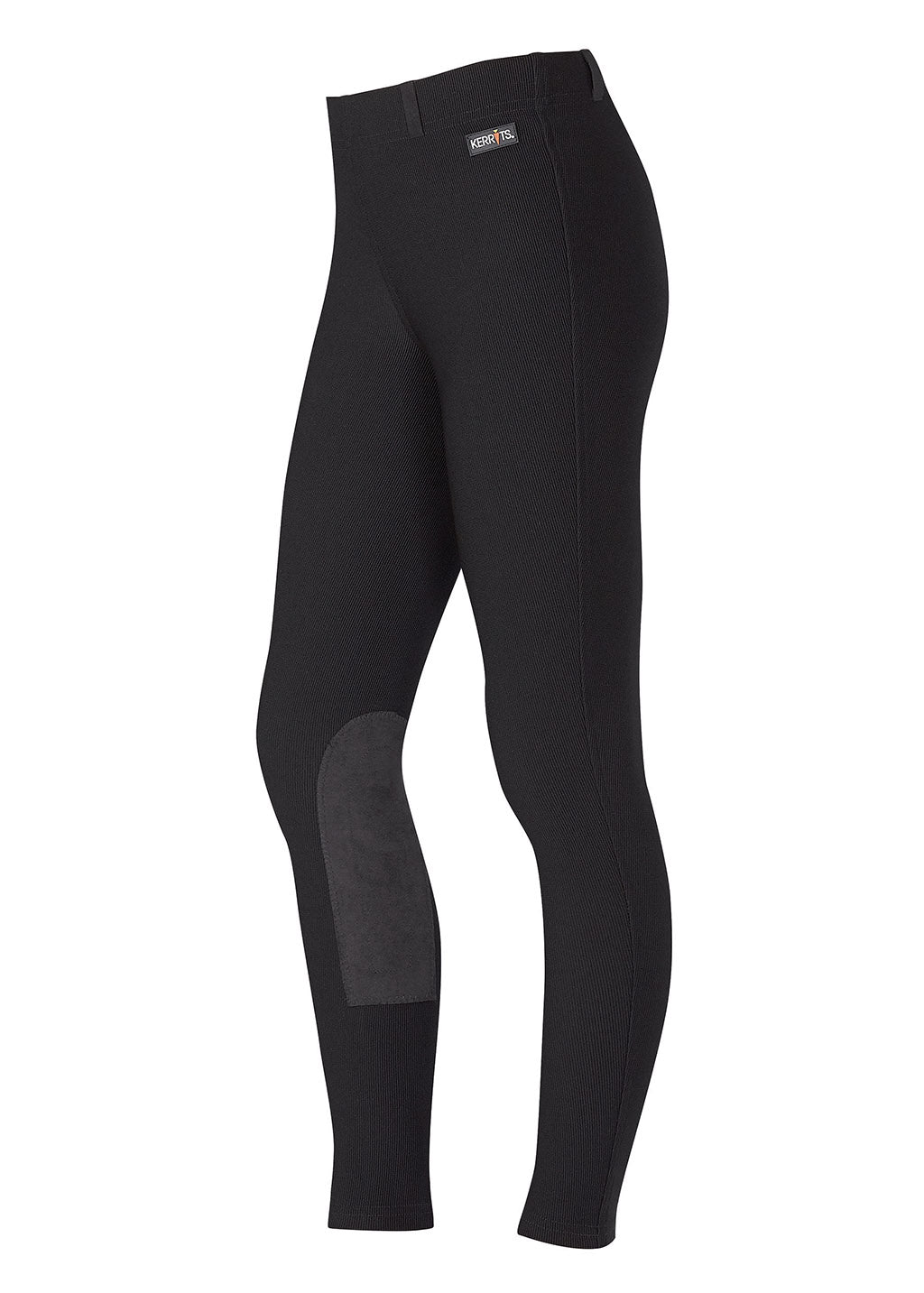 Side profile emphasizing the tight's mid-rise waistband and the sleek, show-ready appearance suitable for both schooling and competition
