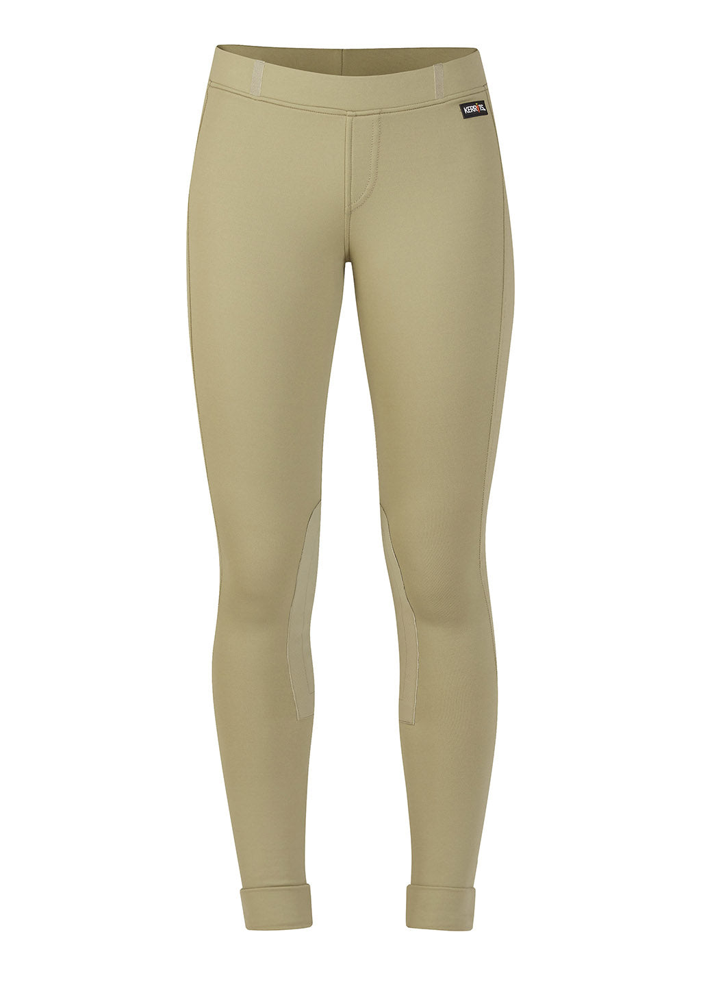 Flat lay of the jodhpurs, front side up, displaying the belt loops, knee patches, and the texture of the Ice Fil® fabric