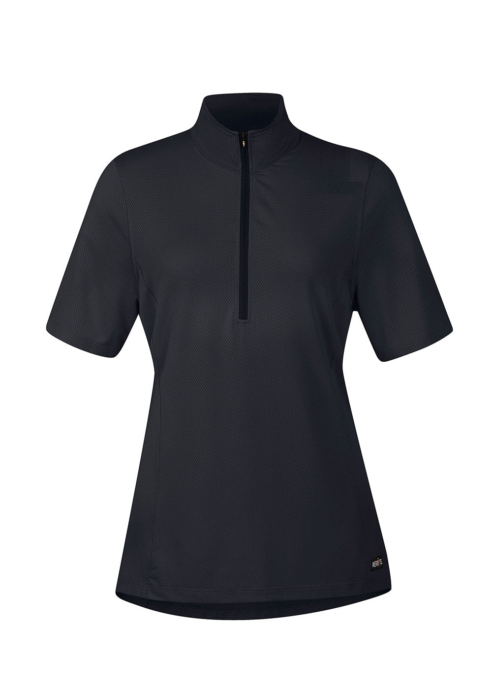 Flat lay of the Kerrits Ice Fil® Lite Short Sleeve Riding Shirt in Black, presenting the front profile with zip collar.