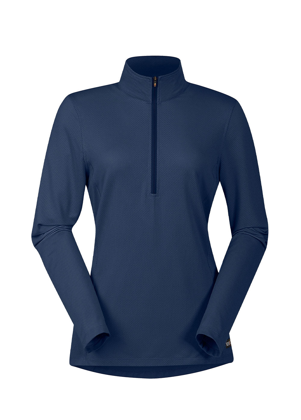 Flat lay of the Kerrits Ice Fil® Lite Long Sleeve Riding Shirt in Navy, presenting the front profile with zip collar.