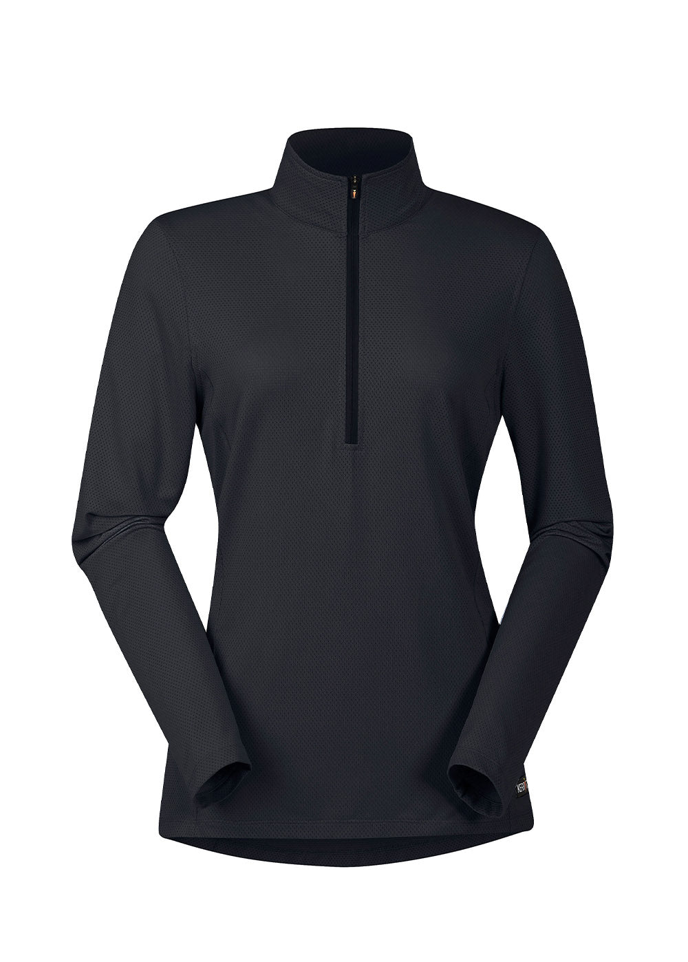 Flat lay of the Kerrits Ice Fil® Lite Long Sleeve Riding Shirt in Black, presenting the front profile with zip collar.