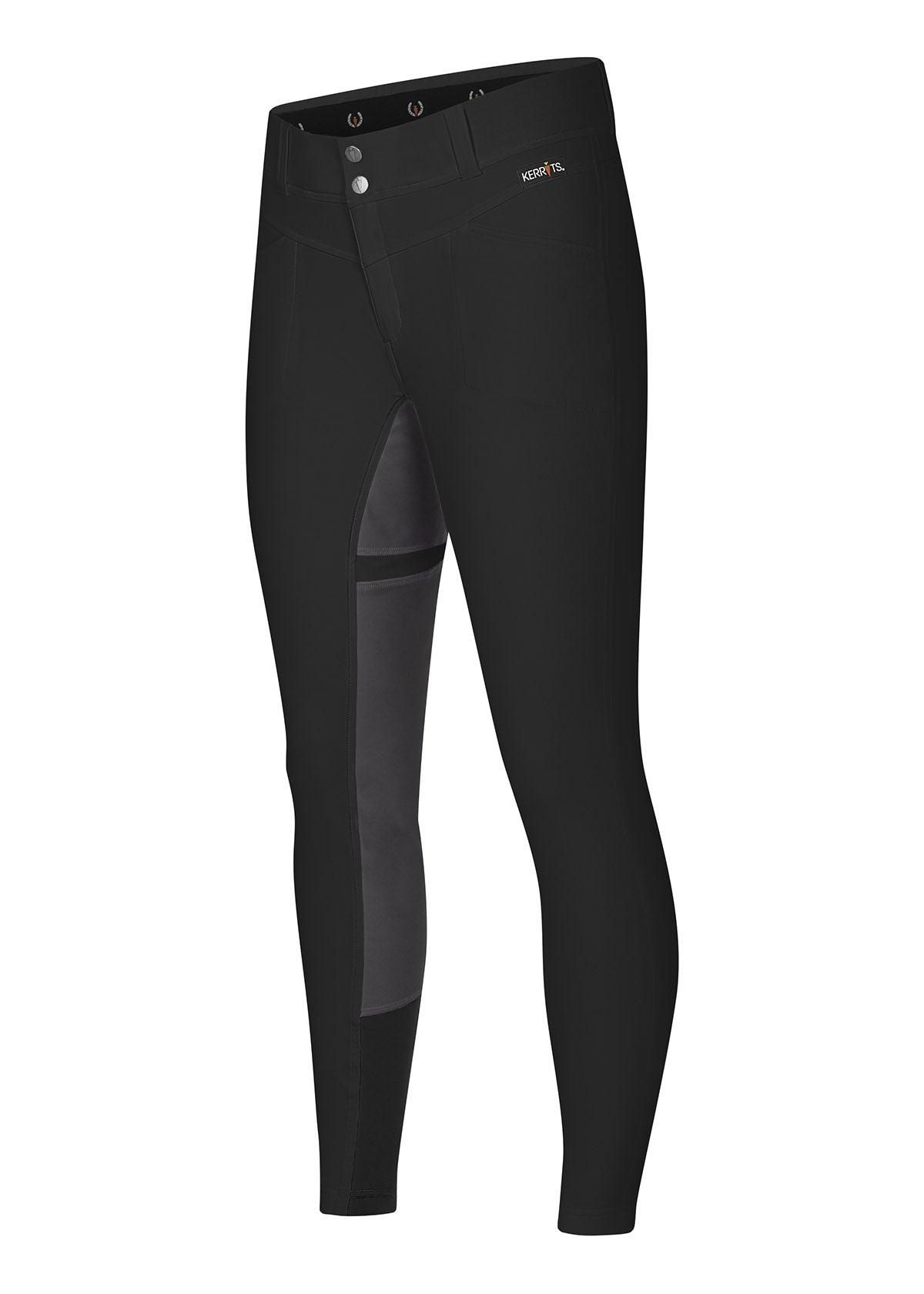 Flat lay of the breeches, front side up, highlighting the two-snap closure and pocket placement