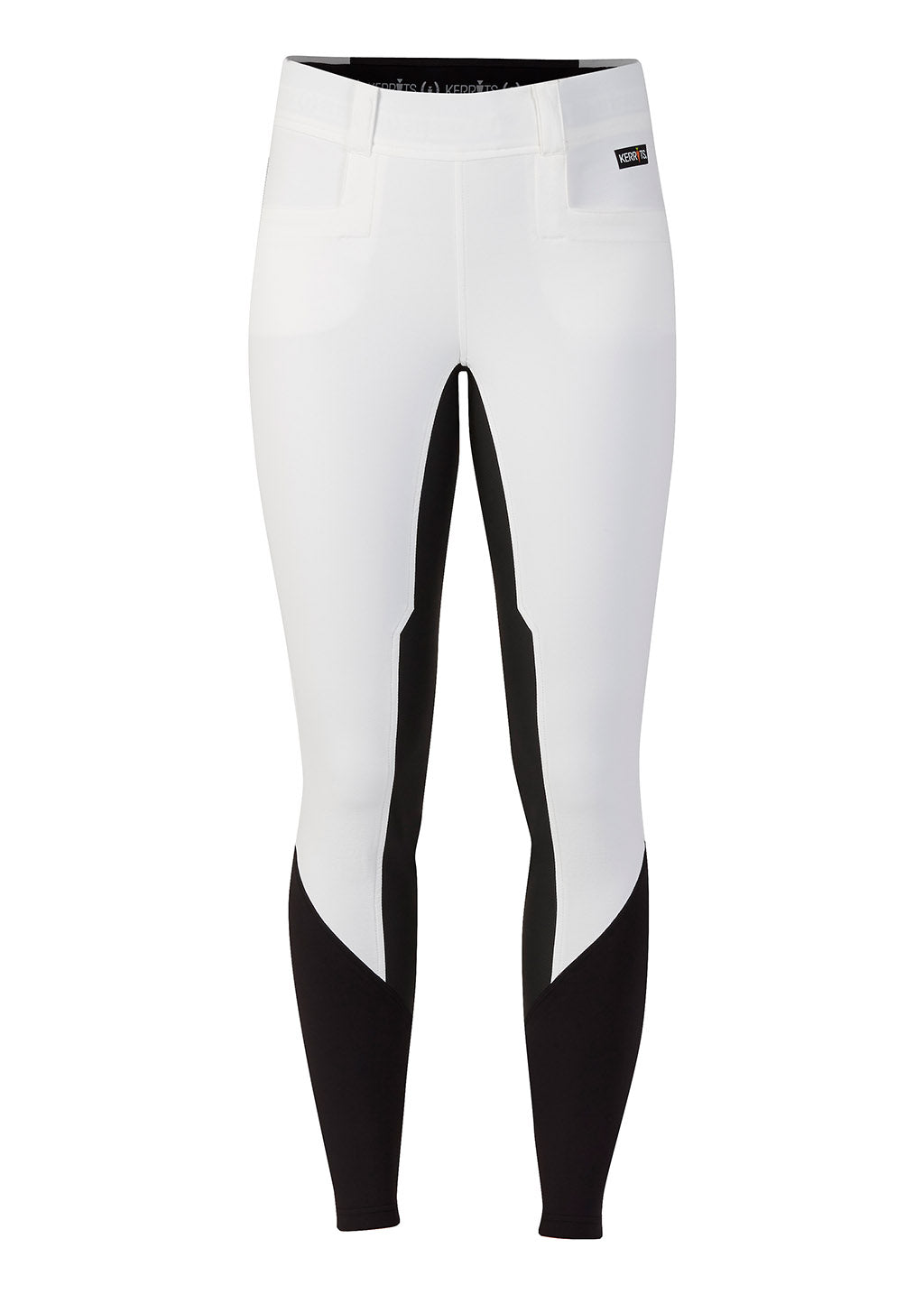 Flat lay of the Kerrits GripTek™ II Full Seat Breech in White, showing the front profile with the hidden zip closure and belt loops.