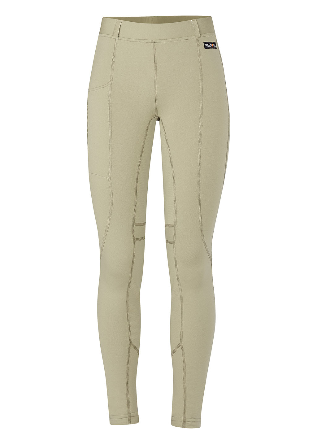 Flat lay of the tights, front side up, displaying the elastic waistband with belt loops, full-seat panels, and the soft texture of the Durabreathe™ fabric