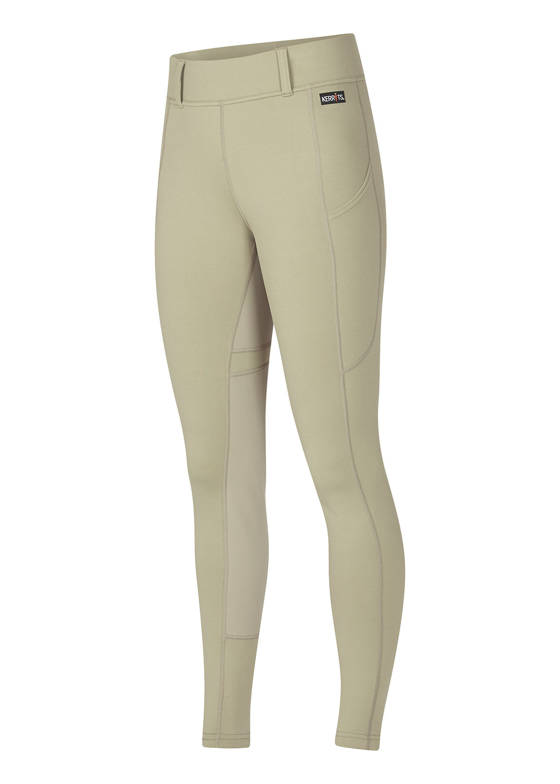 Side view of the Kerrits Flex 3.0 Full Seat Tight in Tan, displaying the ergonomic fit and side pocket placement.