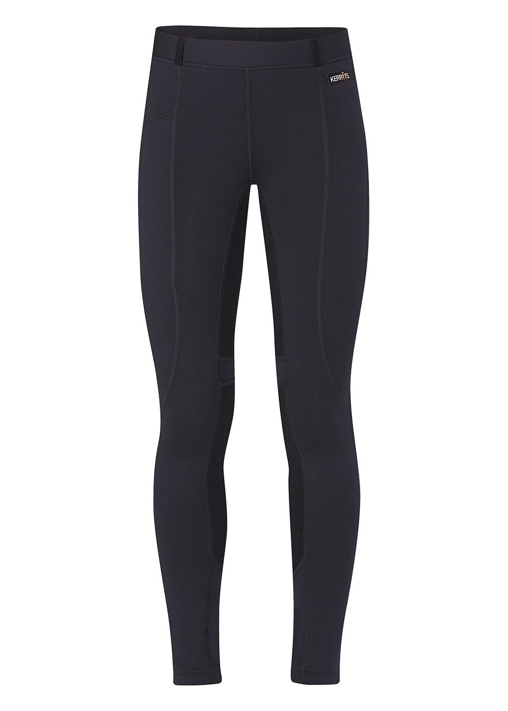 Flat lay of the tights, front side up, displaying the elastic waistband with belt loops, full-seat panels, and the soft texture of the Durabreathe™ fabric