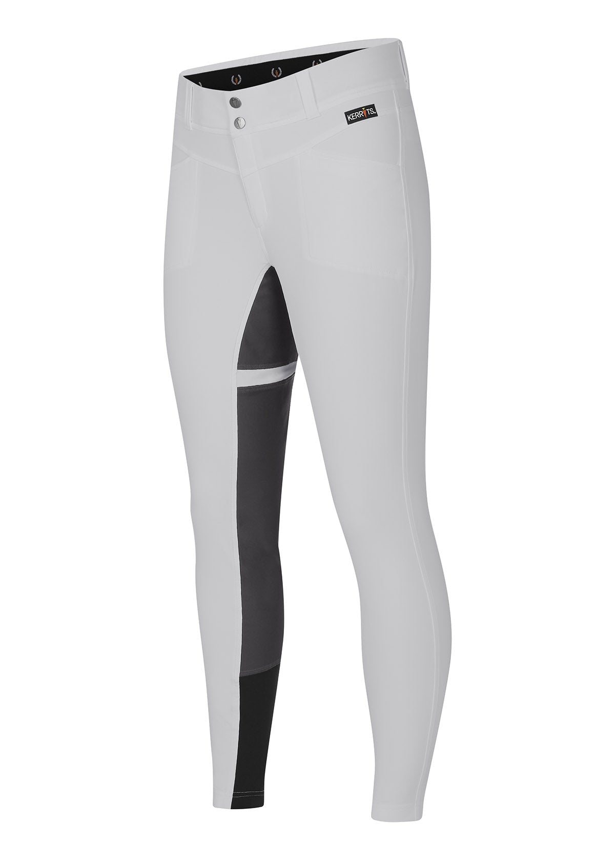 Flat lay of the breeches, front side up, highlighting the two-snap closure and pocket placement