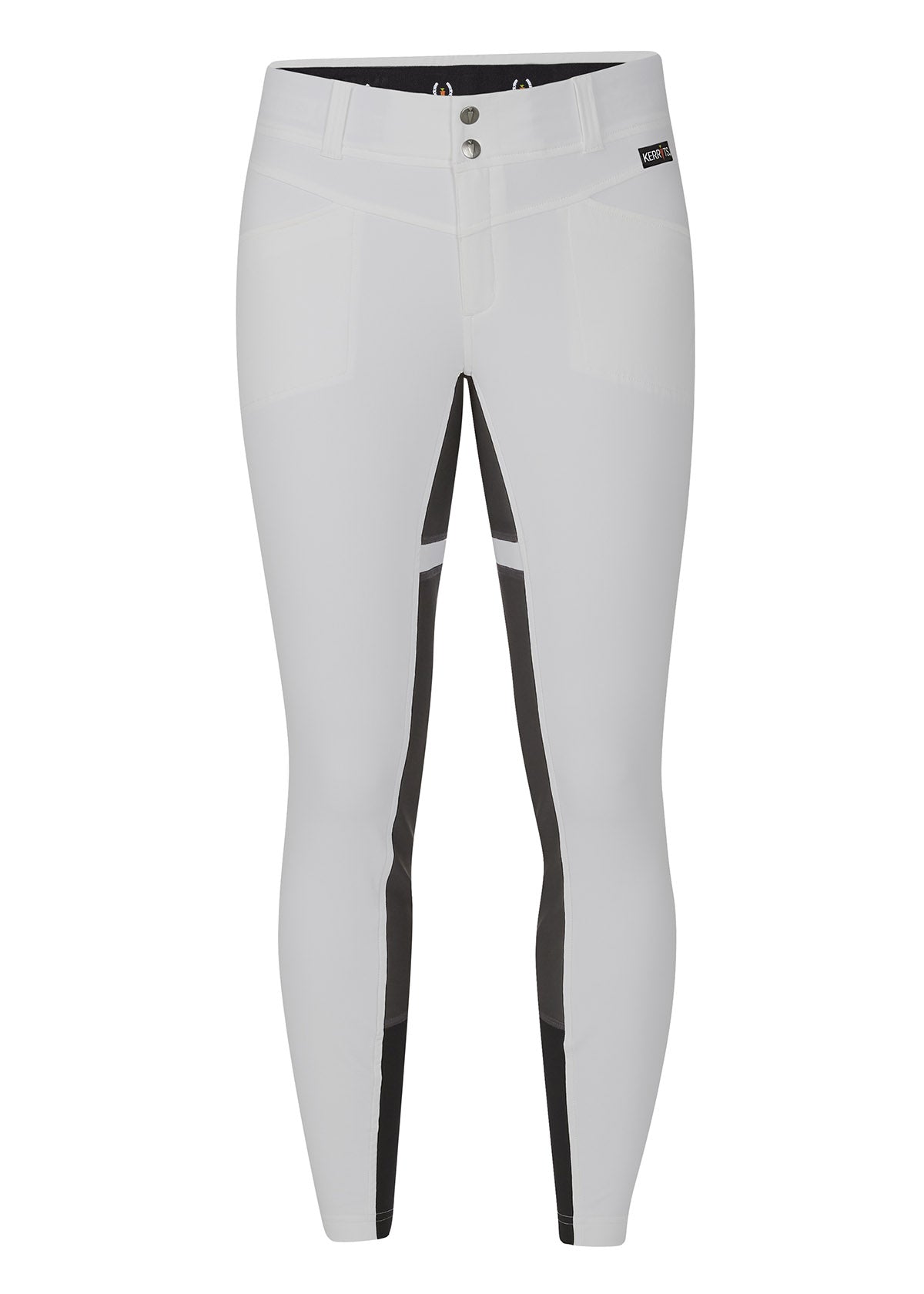 Front view of the Kerrits Petite Crossover II Full Seat Breech, showcasing the tailored fit and two-snap front closure