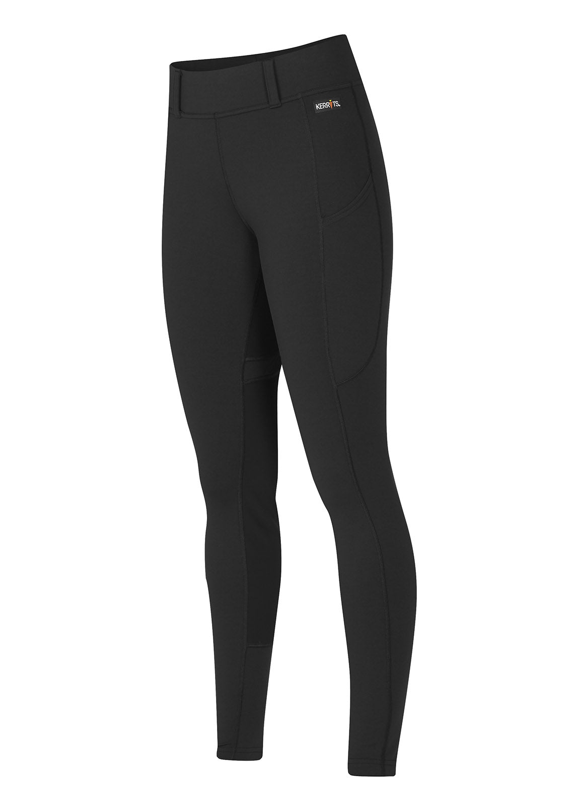 Flat lay of the Kerrits Flex 3.0 Full Seat Tight in Black, displaying the side view with pocket and seam details.