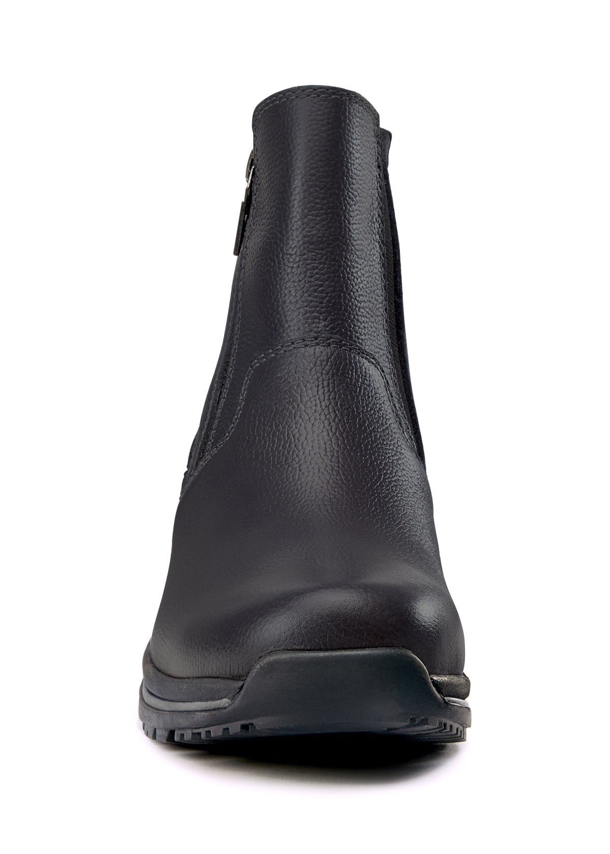 Front view of Woodstock Waterproof Barn Boot in black, featuring pebbled leather upper and spacious toe box