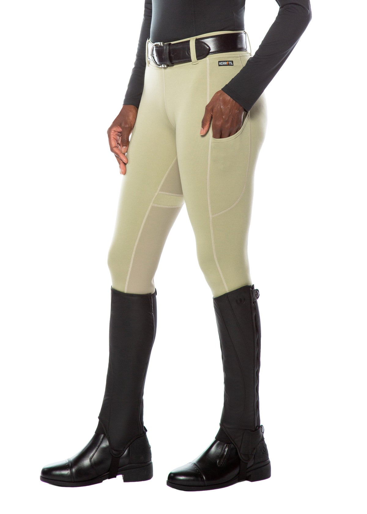 Front view of the Kerrits Flex 3.0 Full Seat Tight in Tan, highlighting the sleek design and flow rise waistband.