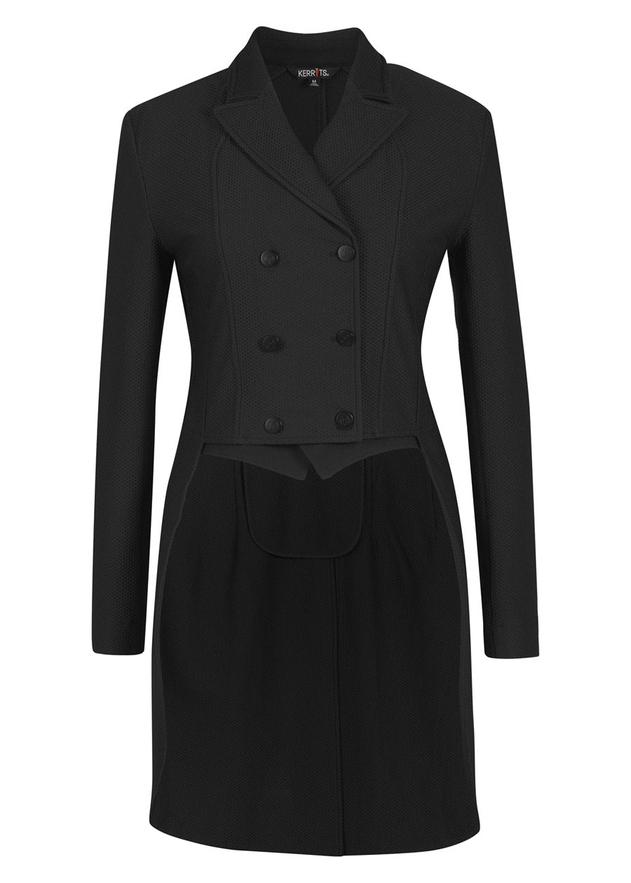 Flat lay of the black Affinity® Aero Shadbelly Show Coat displaying the front double-breasted design with six matte buttons and crisp collar.