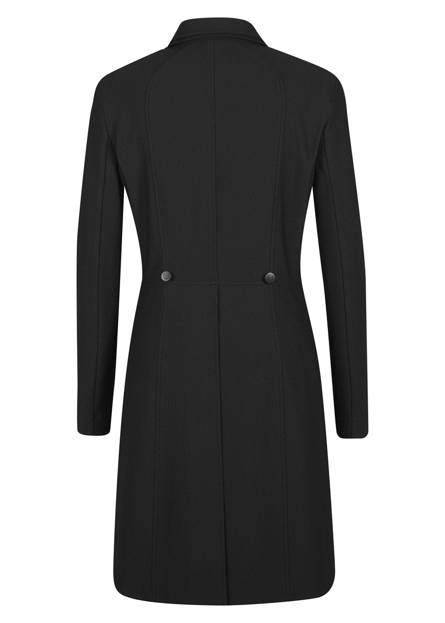 Flat lay of the black Affinity® Aero Shadbelly Show Coat from the back, highlighting the elegant tails and princess seam detailing.