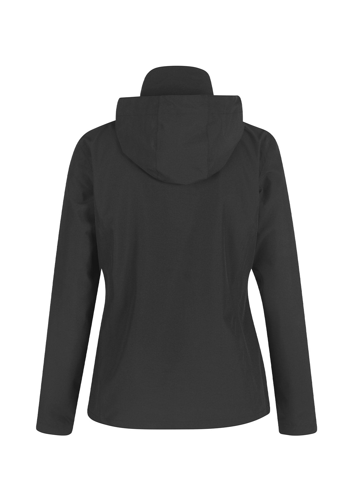 Back view flat lay of the Waterproof All Around Rain Jacket with the hood extended, emphasizing its protective features