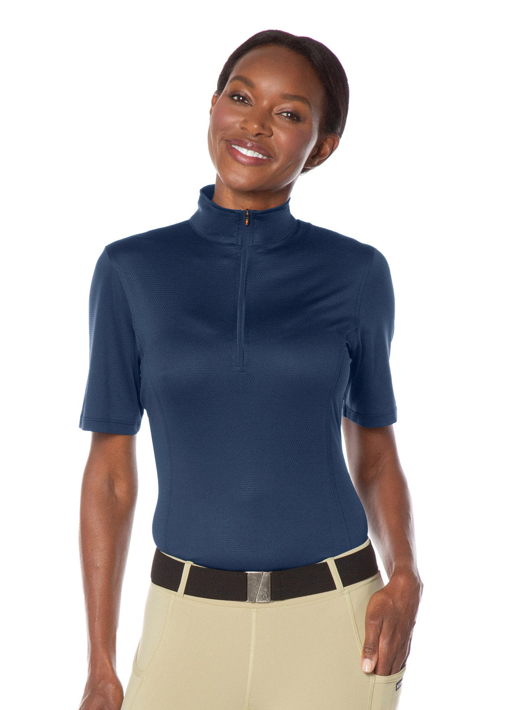 Model wearing the Kerrits Ice Fil® Lite Short Sleeve Riding Shirt in Navy, highlighting the sporty fit and zip collar.