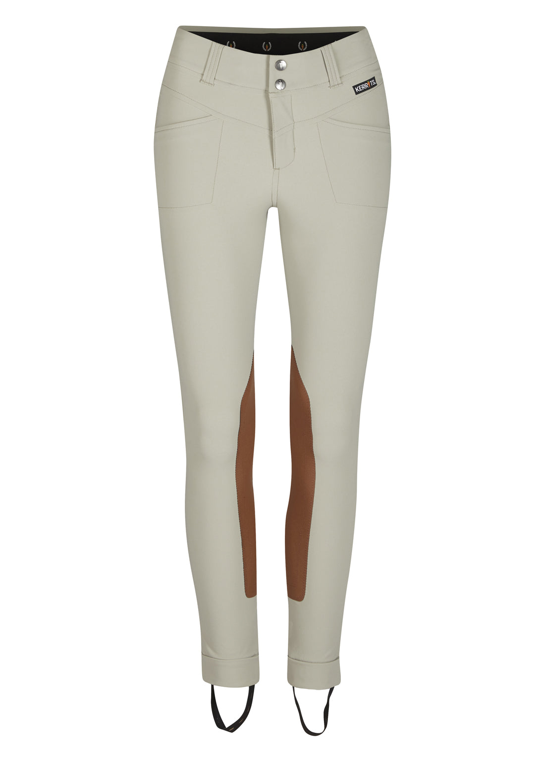 Flat lay of the jodhpurs, front side up, detailing the two flat front pockets and belt loops for a polished appearance