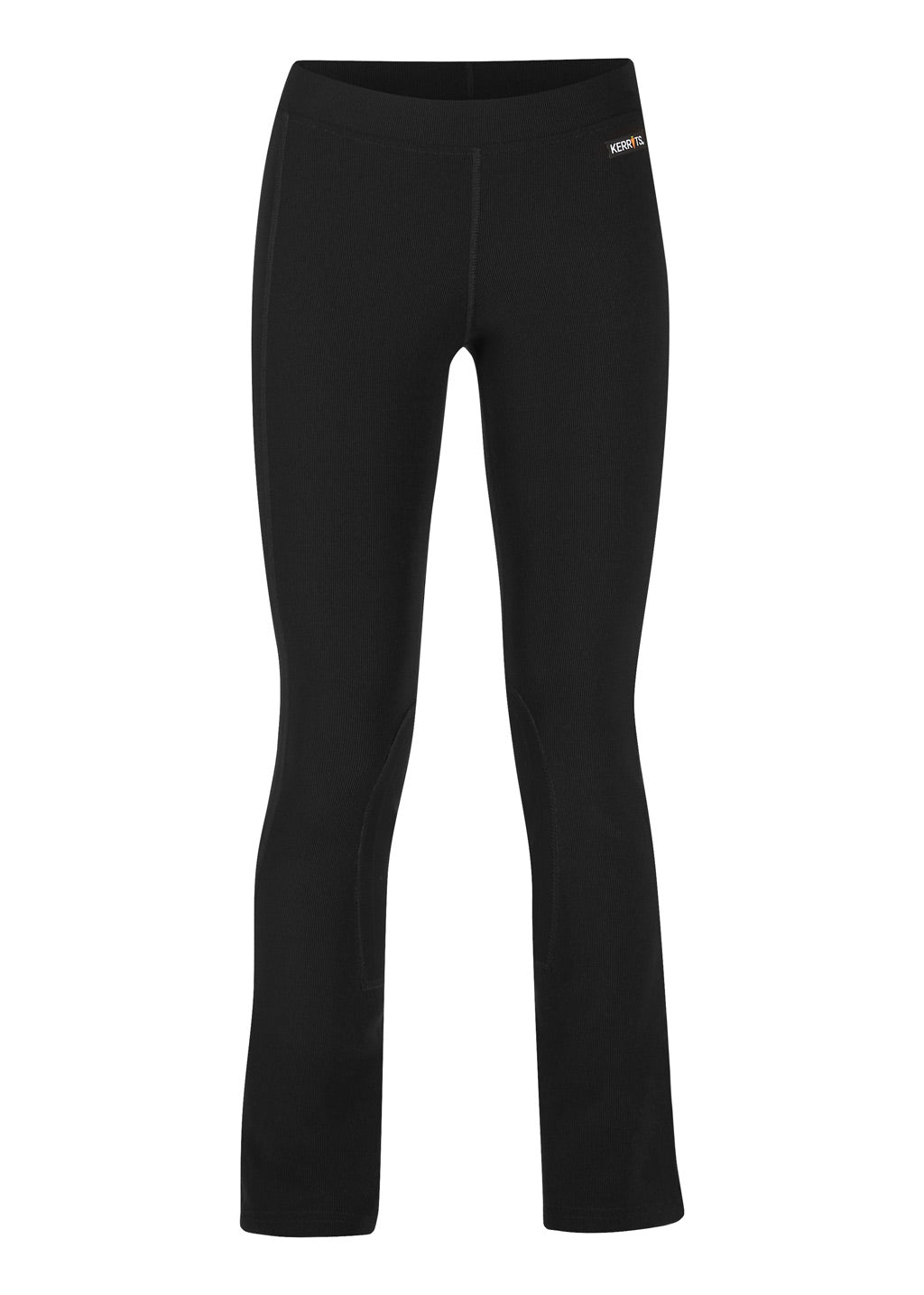 Flat lay of the riding pant, front side up, displaying the bootcut hem, knee patches, and the finely ribbed texture of the Microcord™ fabric