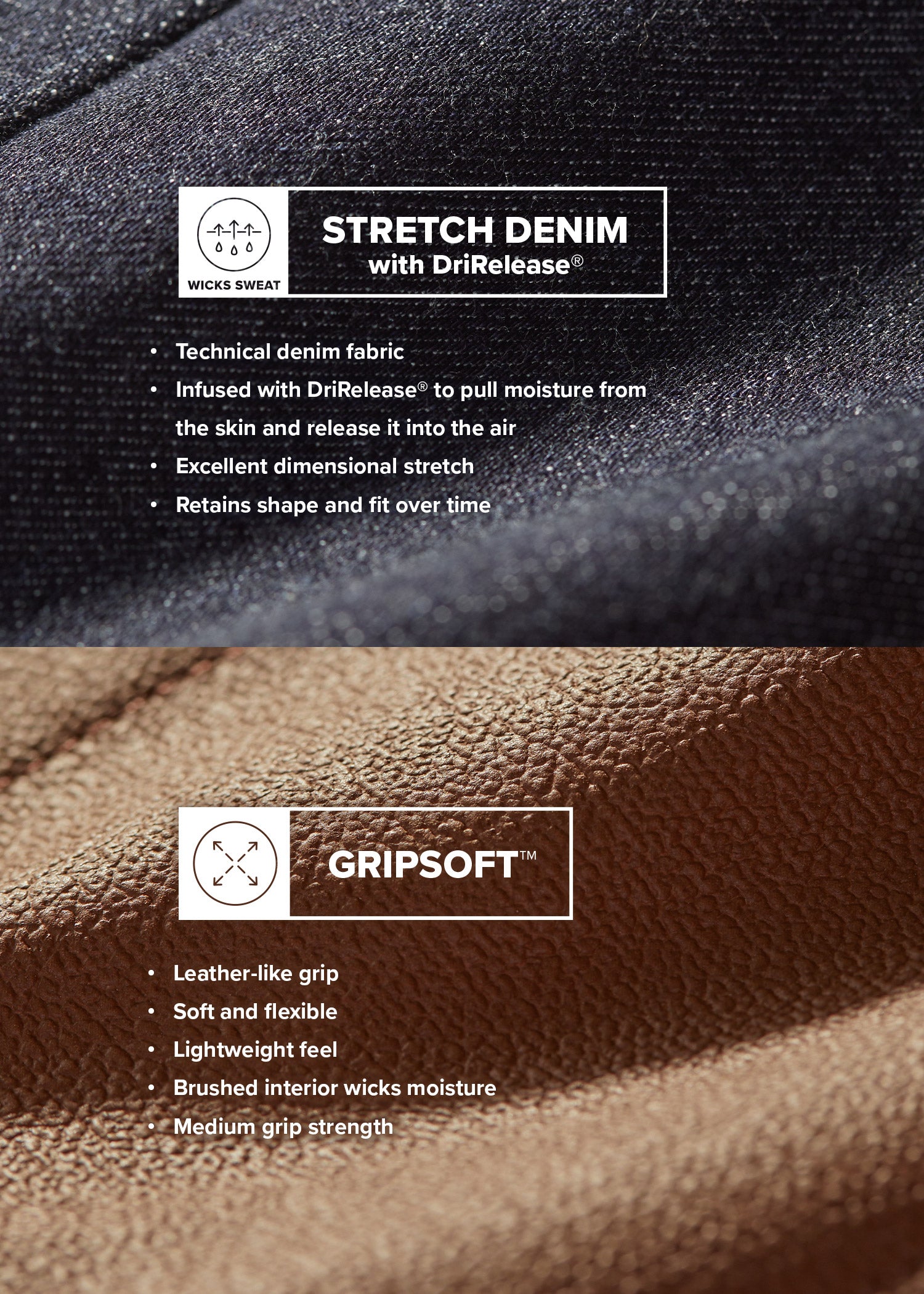 Close-up of the GripSoft™ knee patches, illustrating their leather-like feel that is both soft and flexible