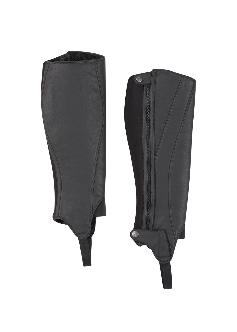 Flat lay of the Kerrits GripTek™ Half Chap 2.0, displaying the side view with the stretch elastic panel and zipper.