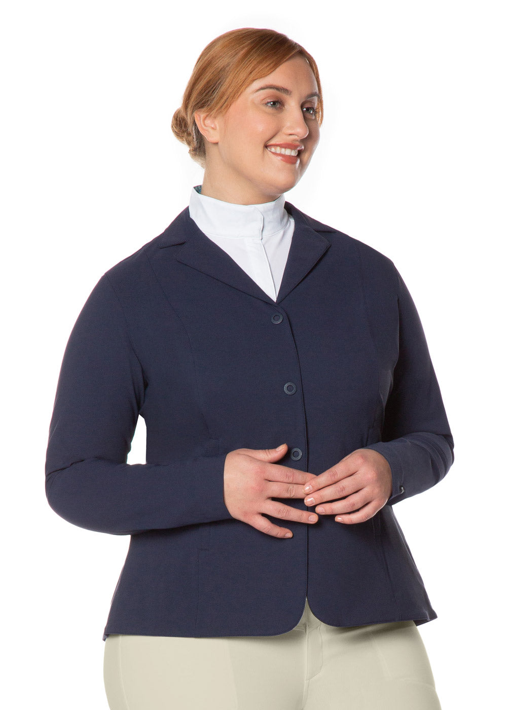 Front view on model of the Stretch Competitor Koat in navy, featuring a hidden front zipper with snap closures for a smooth, streamlined appearance