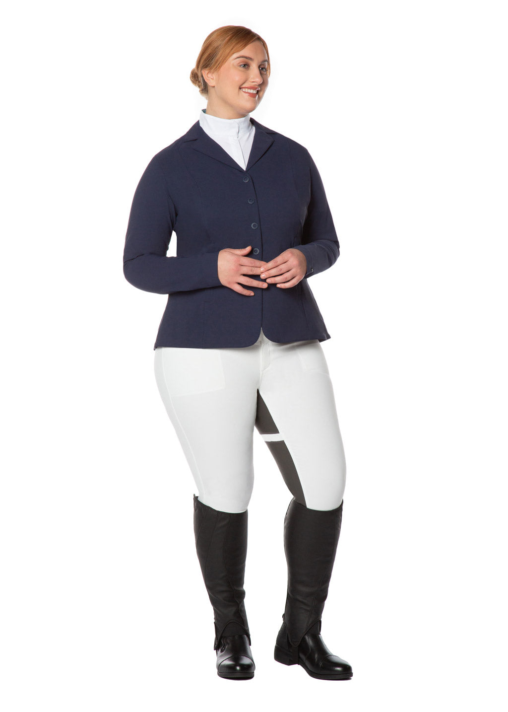 Modal wearing the Stretch Competitor Koat with a show outfit, highlighting its professional and polished look suitable for competitions