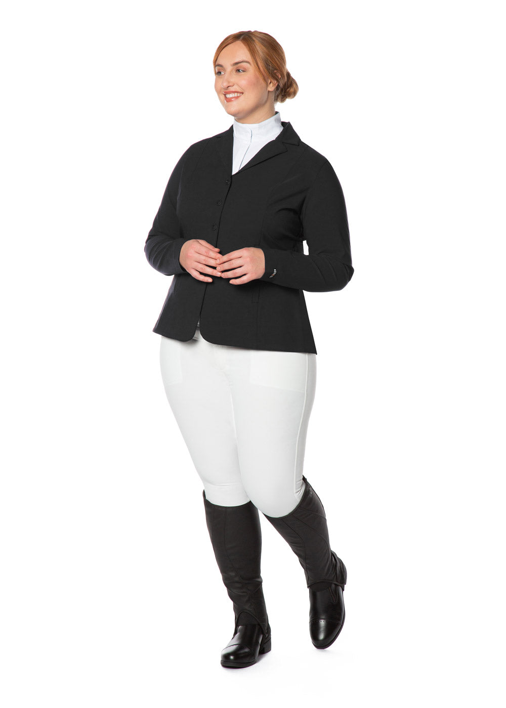 Modal wearing the Stretch Competitor Koat with a show outfit, highlighting its professional and polished look suitable for competitions