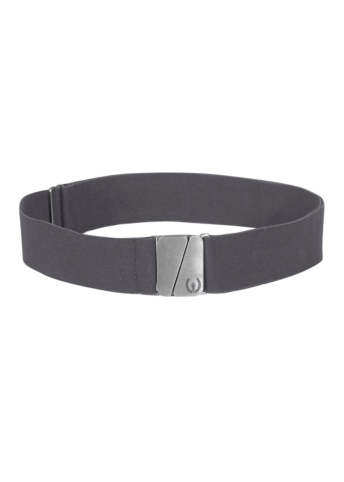 Front view of the Kerrits Logo Stretch Belt in black, featuring a 1.5-inch wide elastic design with a square metal buckle adorned with the Kerrits logo