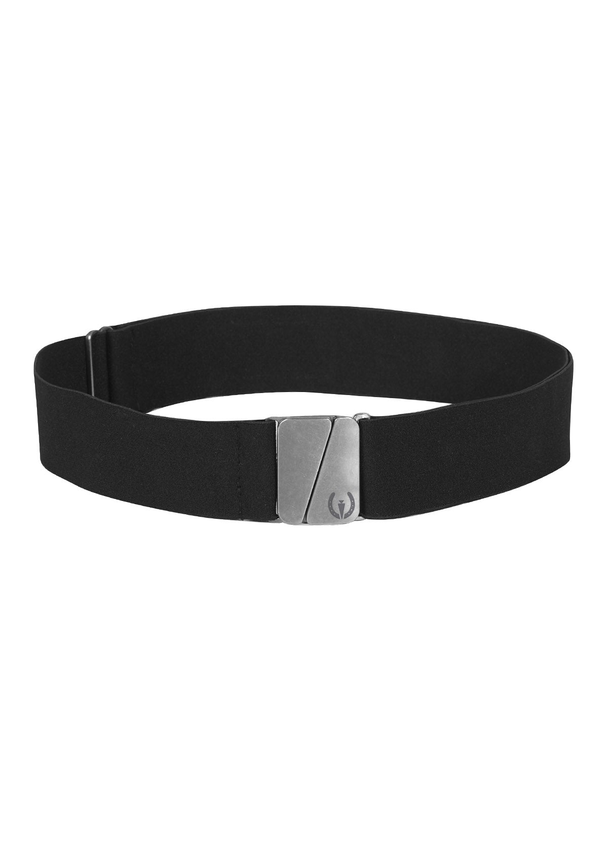 Front view of the Kerrits Logo Stretch Belt in black, featuring a 1.5-inch wide elastic design with a square metal buckle adorned with the Kerrits logo