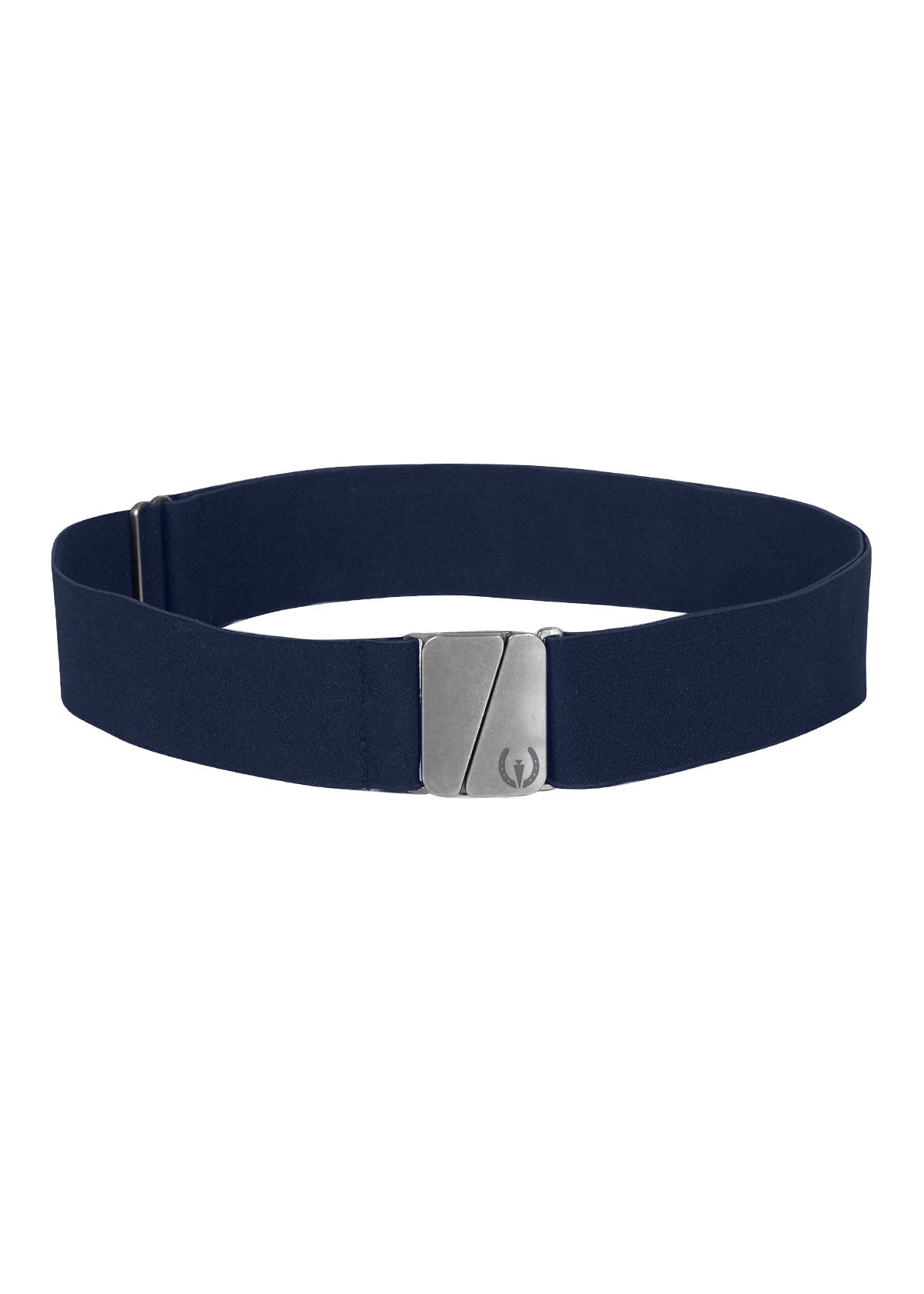 Flat lay of the belt, displaying the full length of the elastic band, the adjustable slider, and the square metal buckle with the Kerrits logo