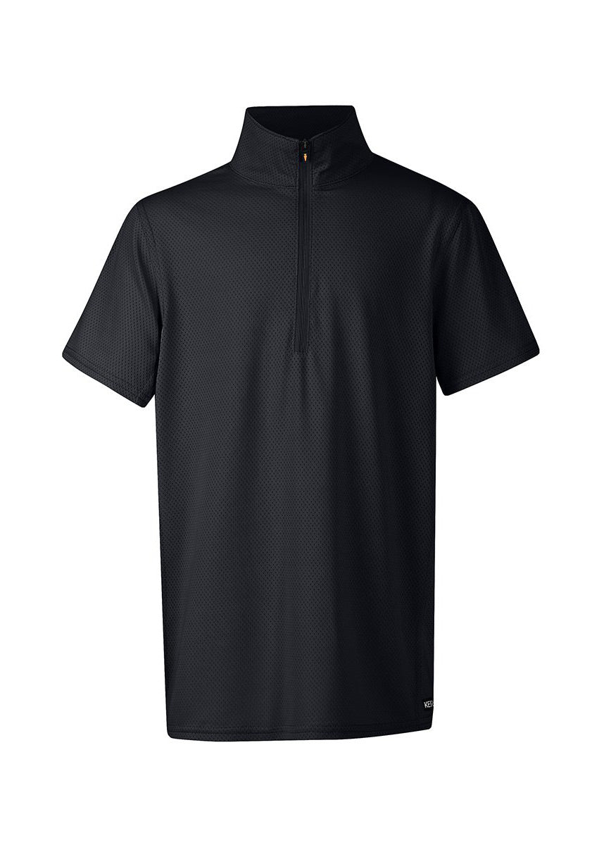 Flat lay of the shirt, front side up, displaying the high collar, zip, and short sleeves