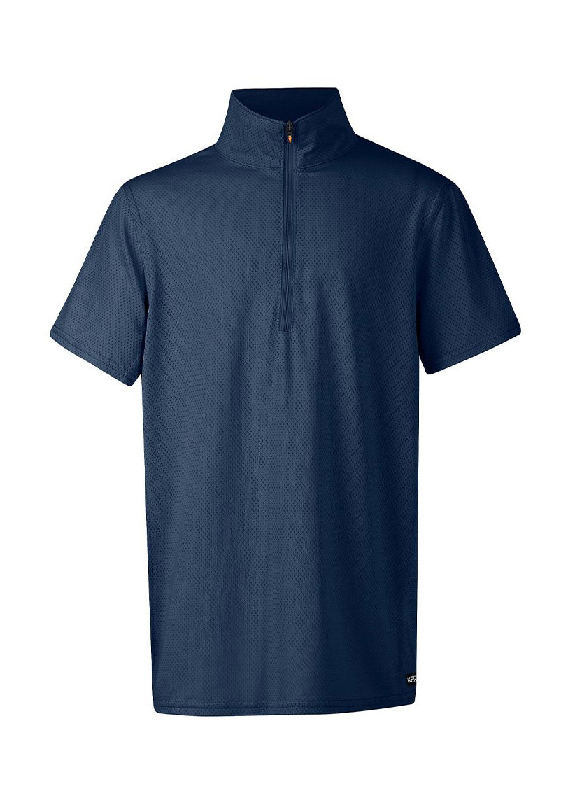 Flat lay of the shirt, front side up, displaying the high collar, zip, and short sleeves