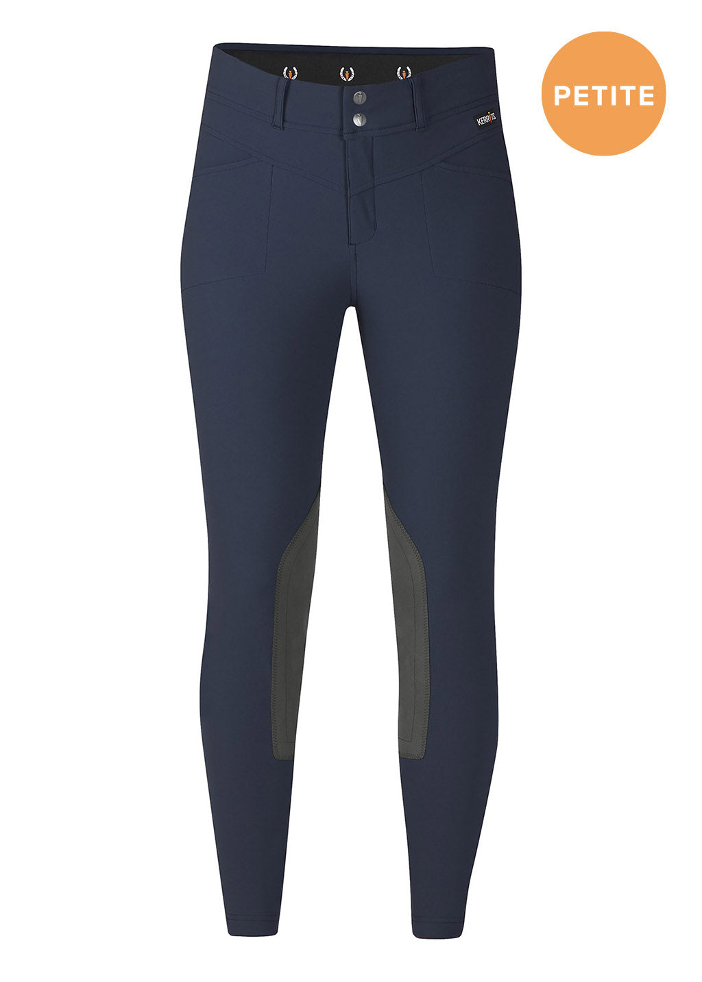 Front view of the Kerrits Petite Crossover II Knee Patch Breech, showcasing the tailored fit and two-snap front closure