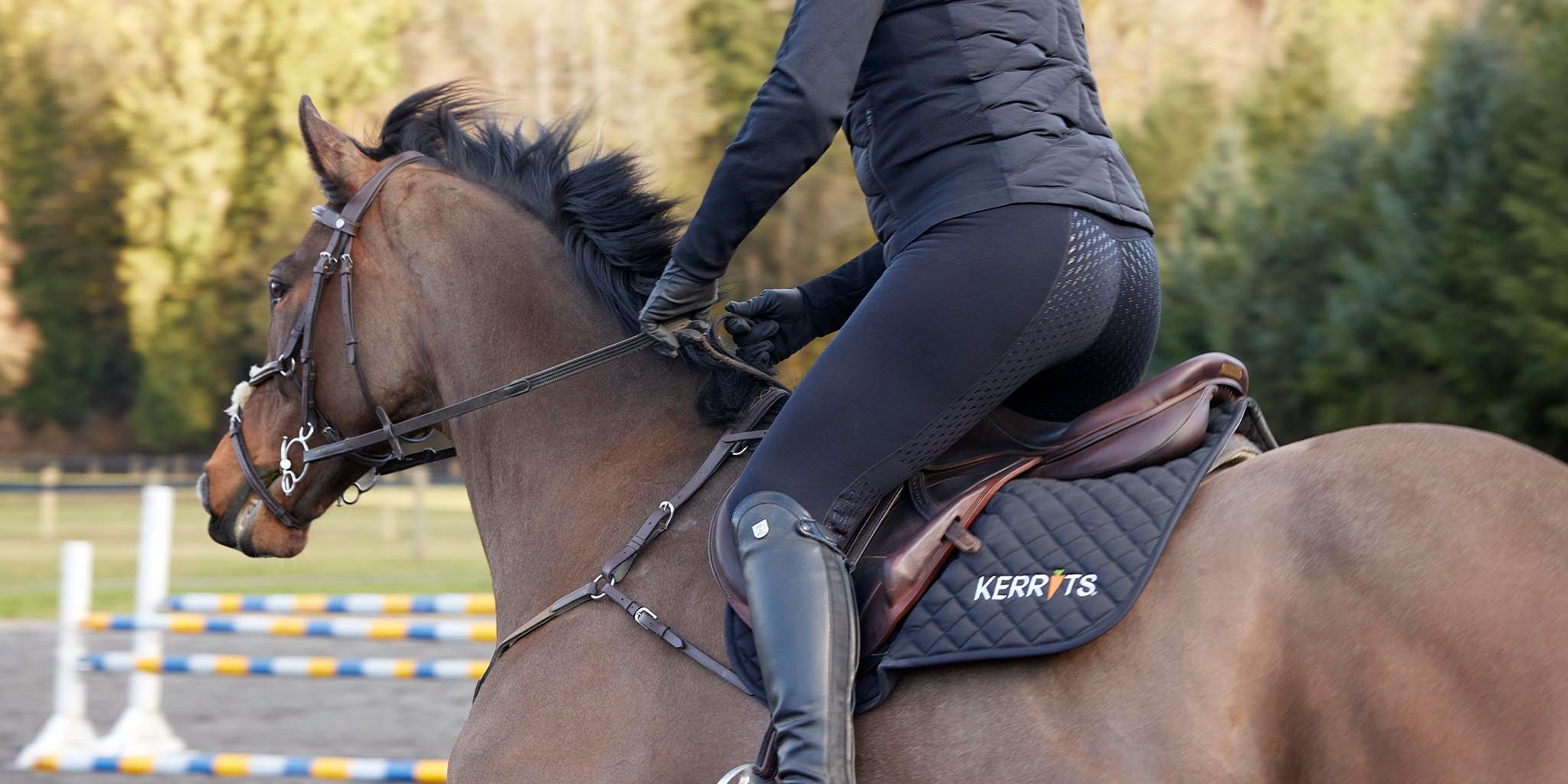 Woman galloping in field on horse