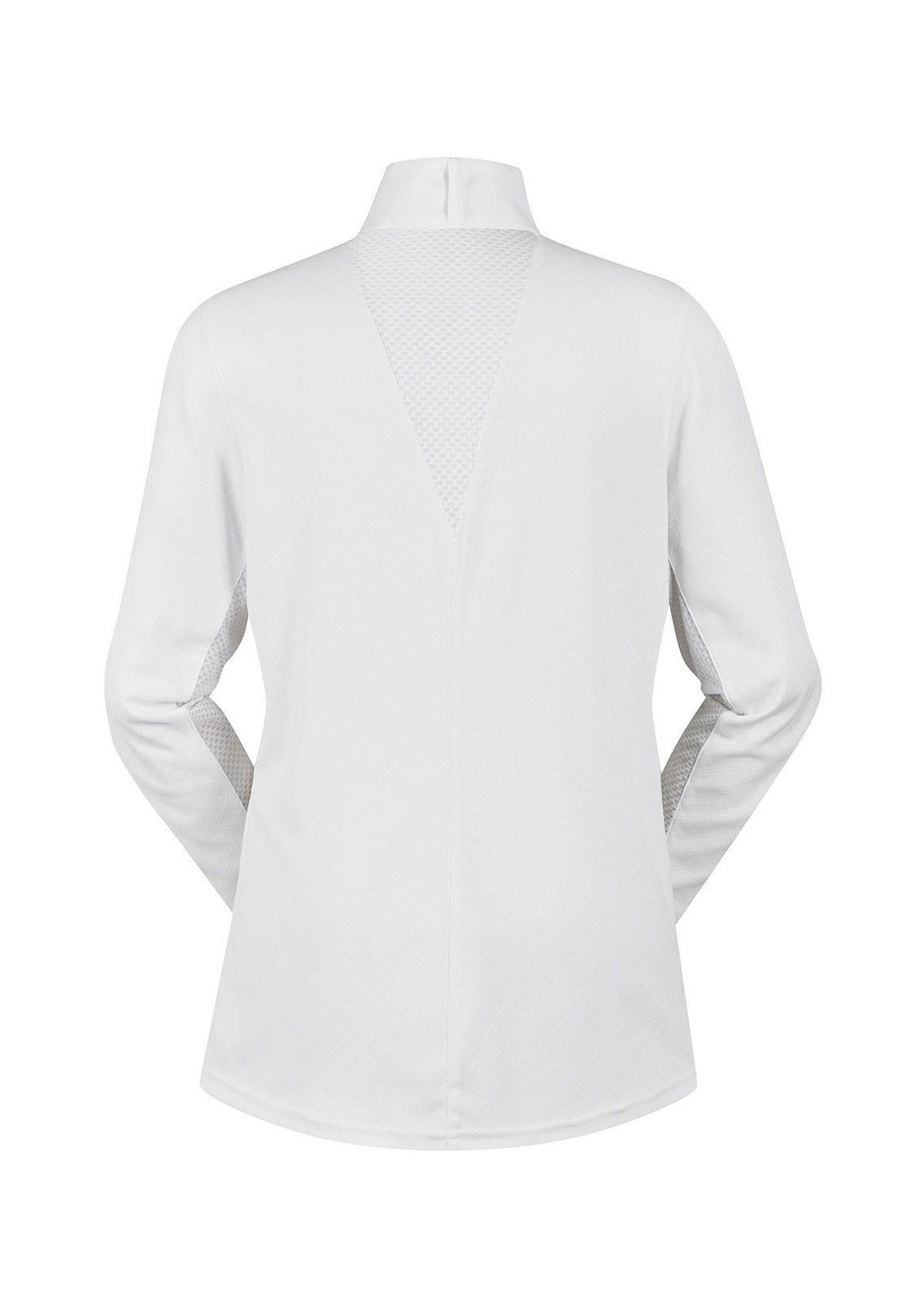 Flat lay of the Encore Long Sleeve Show Shirt in White, showing the back mesh panel for ventilation.