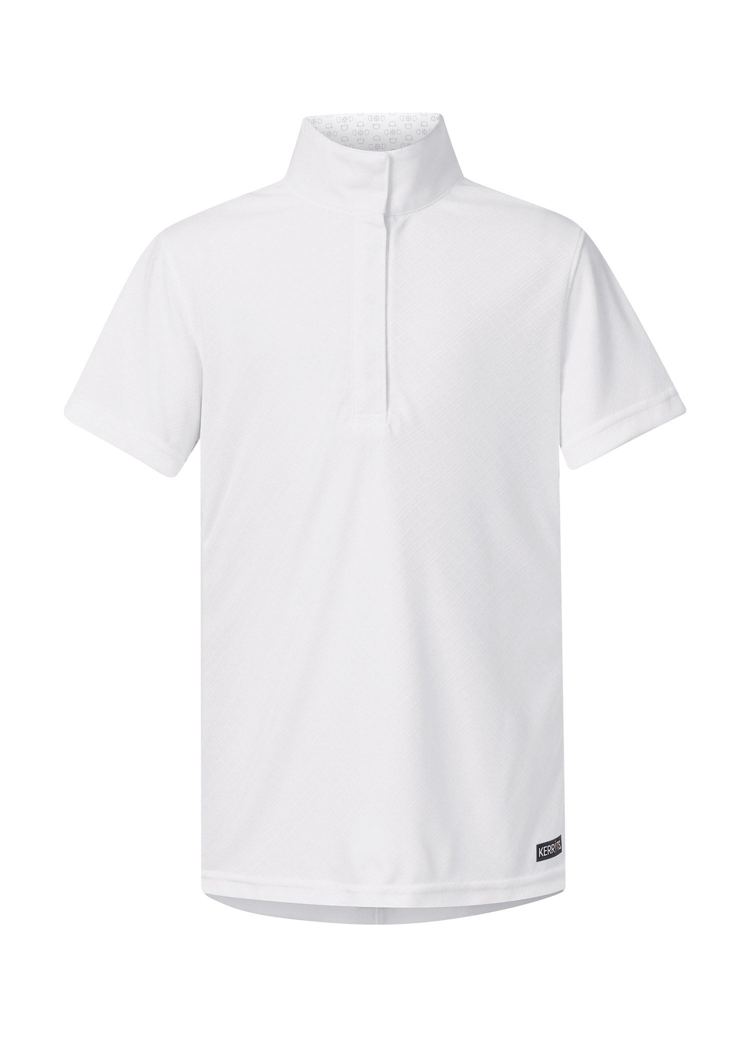 Flat lay of the shirt, front side up, displaying the quarter-length snap placket, crisp collar, and the textured fabric