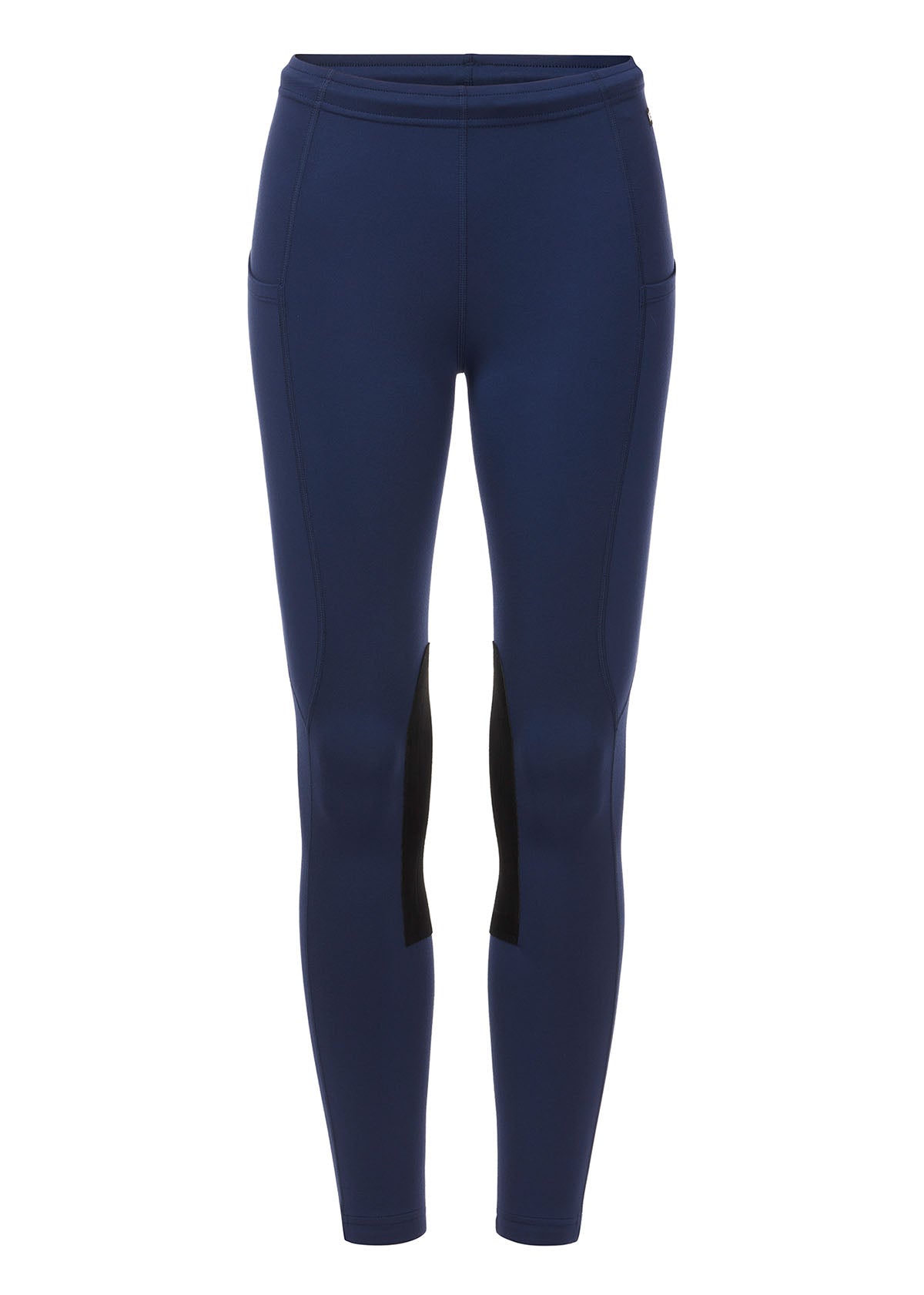 Flat lay of the riding tight, front side up, displaying the knee patches, waistband, side pockets, and overall design