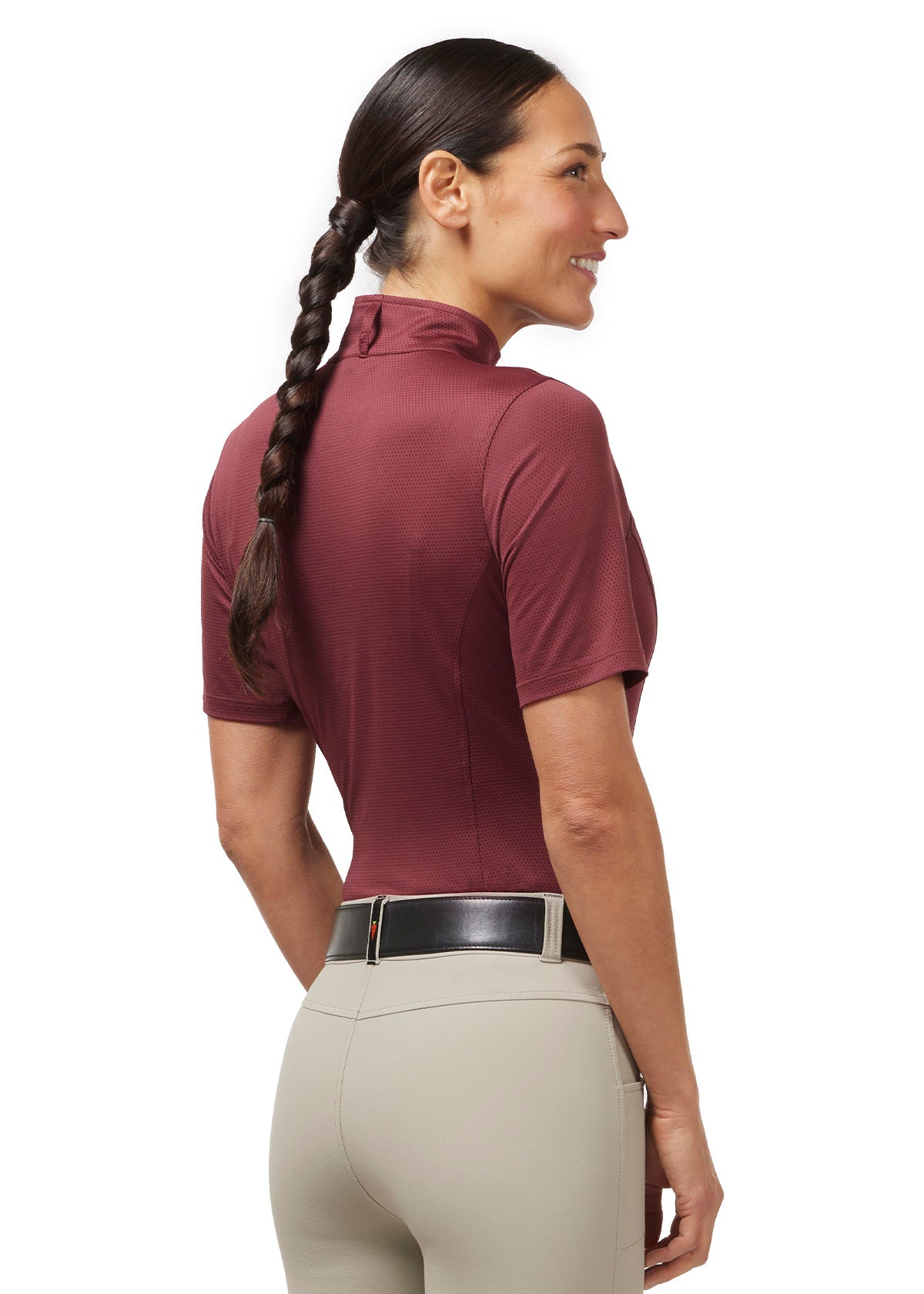 Back view of the Kerrits Ice Fil® Lite Short Sleeve Riding Shirt in Burgundy, showcasing the equestrian hem and tailored design.