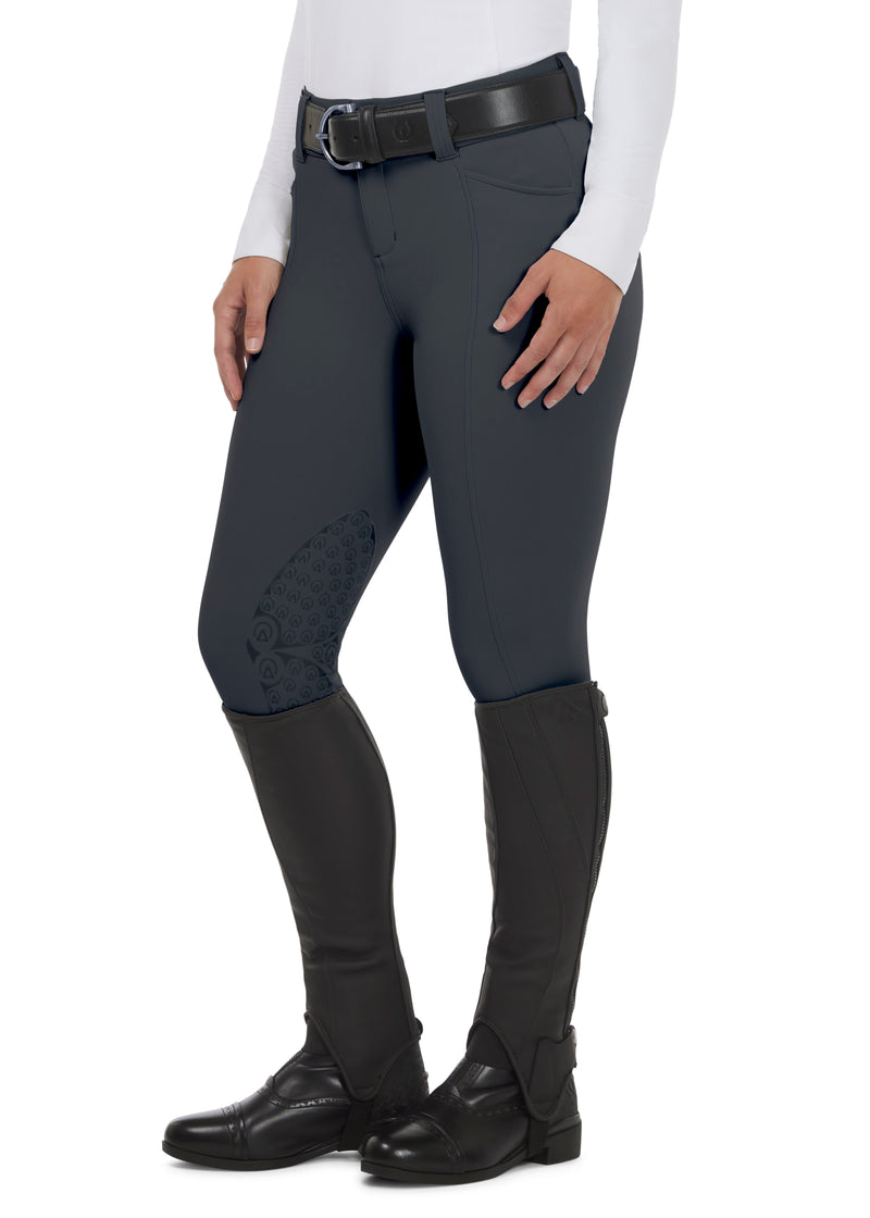 Front view of the Affinity® Pro Knee Patch Breech in Pine, featuring a tailored front fly with two-snap closure and two front pockets.