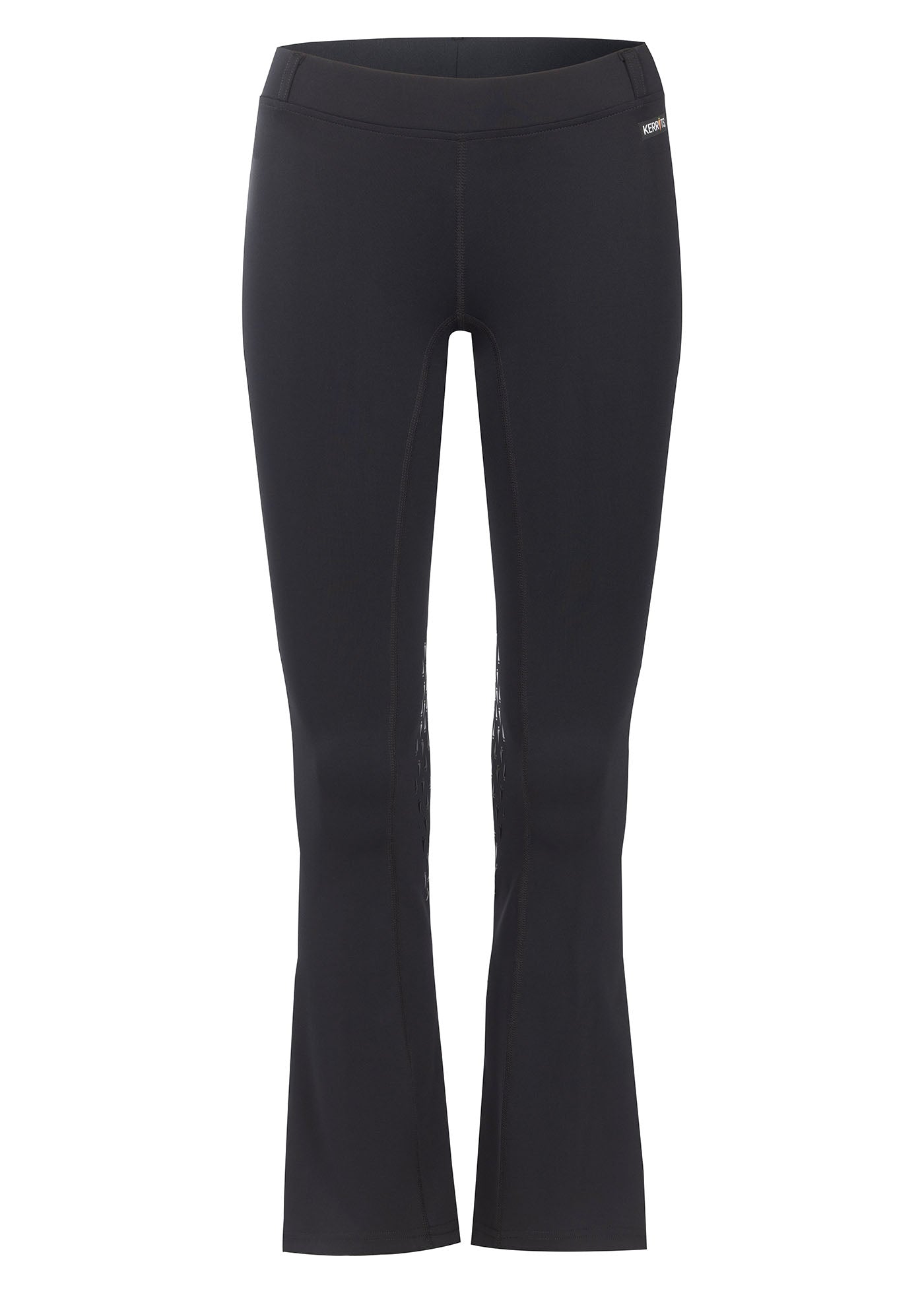Flat lay of the riding pants, front side up, detailing the bootcut design and functional elements