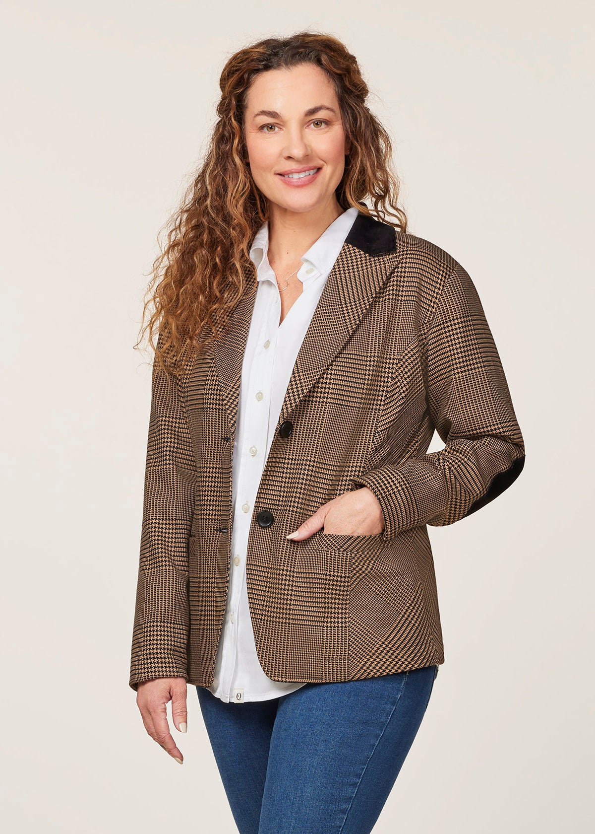 CAMEL/BLACK::variant::Chelsea Houndstooth Plaid Blazer