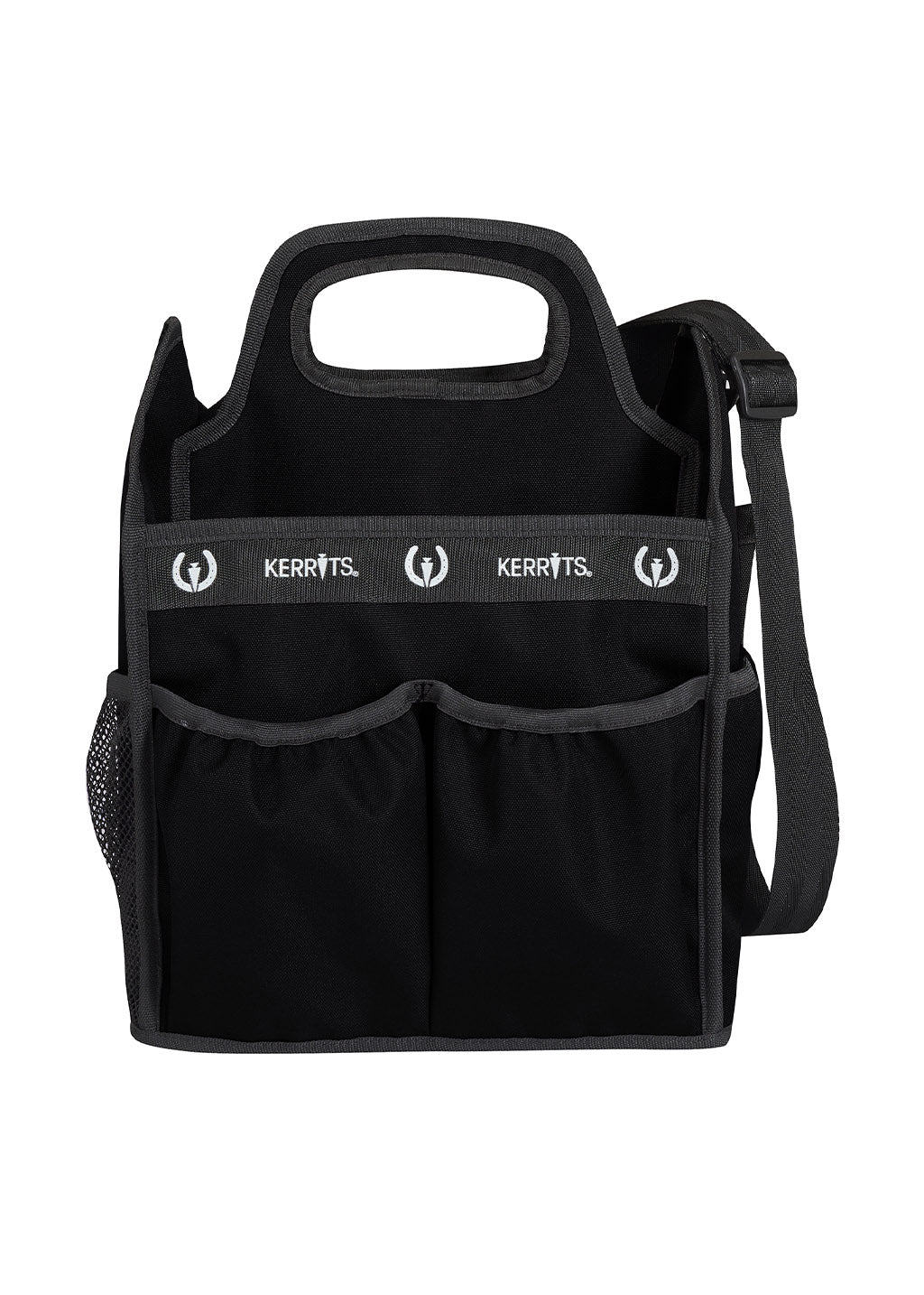 Front view of the Kerrits Barn Caddy in Black, featuring multiple exterior quick-access pockets and the Kerrits horseshoe logo.