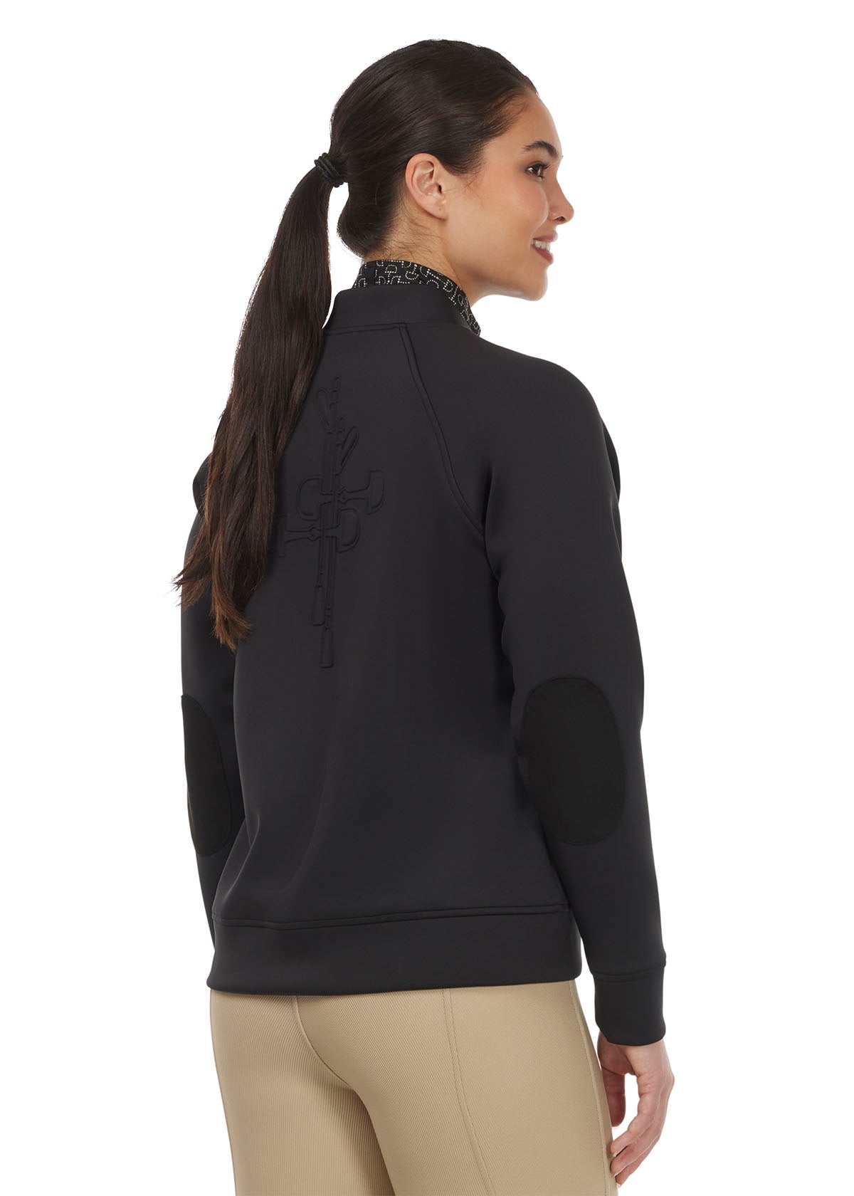 Side view of the Bits N Crops Bomber Riding Jacket in Black, highlighting the raglan sleeves, faux suede elbow patches, and flattering hip-length cut.