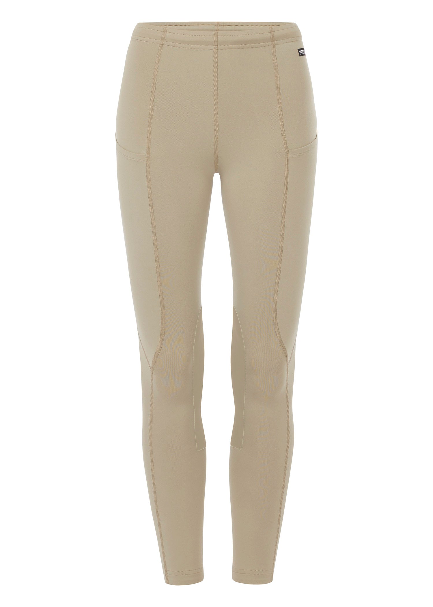 Flat lay of the riding tight, front side up, displaying the knee patches, waistband, side pockets, and overall design