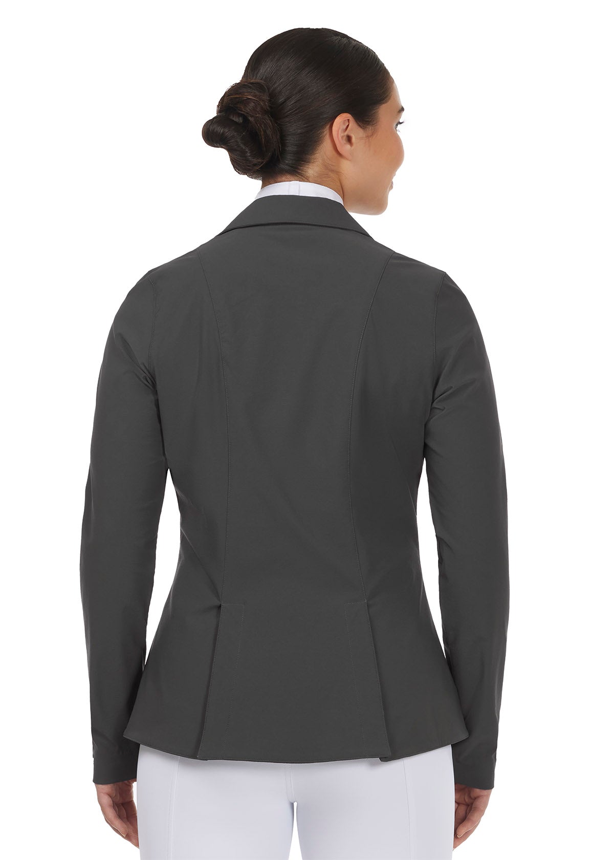 Back view of the Stretch Competitor Koat in Obsidian on a model, displaying the two back vents and tailored fit