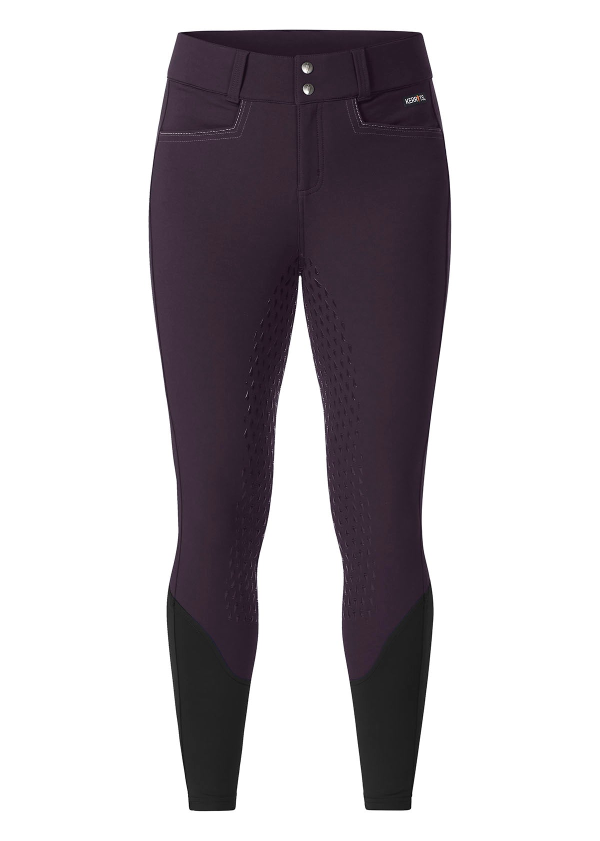 Flat lay of the Kerrits K-Flex™ Full Seat Breech in Plumnoir, highlighting the front profile with pockets and wide waistband.