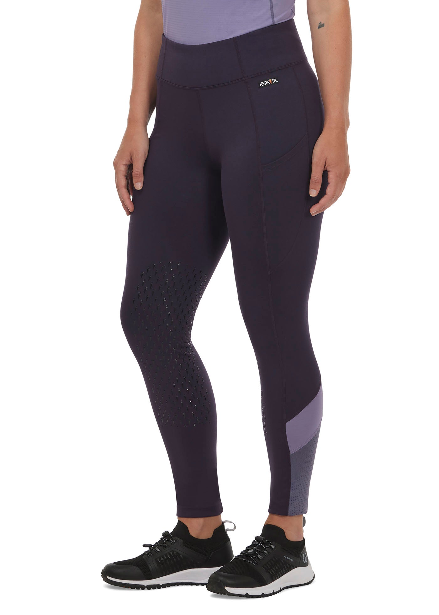 Front view of the Free Style Knee Patch Pocket Tight in Plumnoir, highlighting the high-rise fit and sleek design.