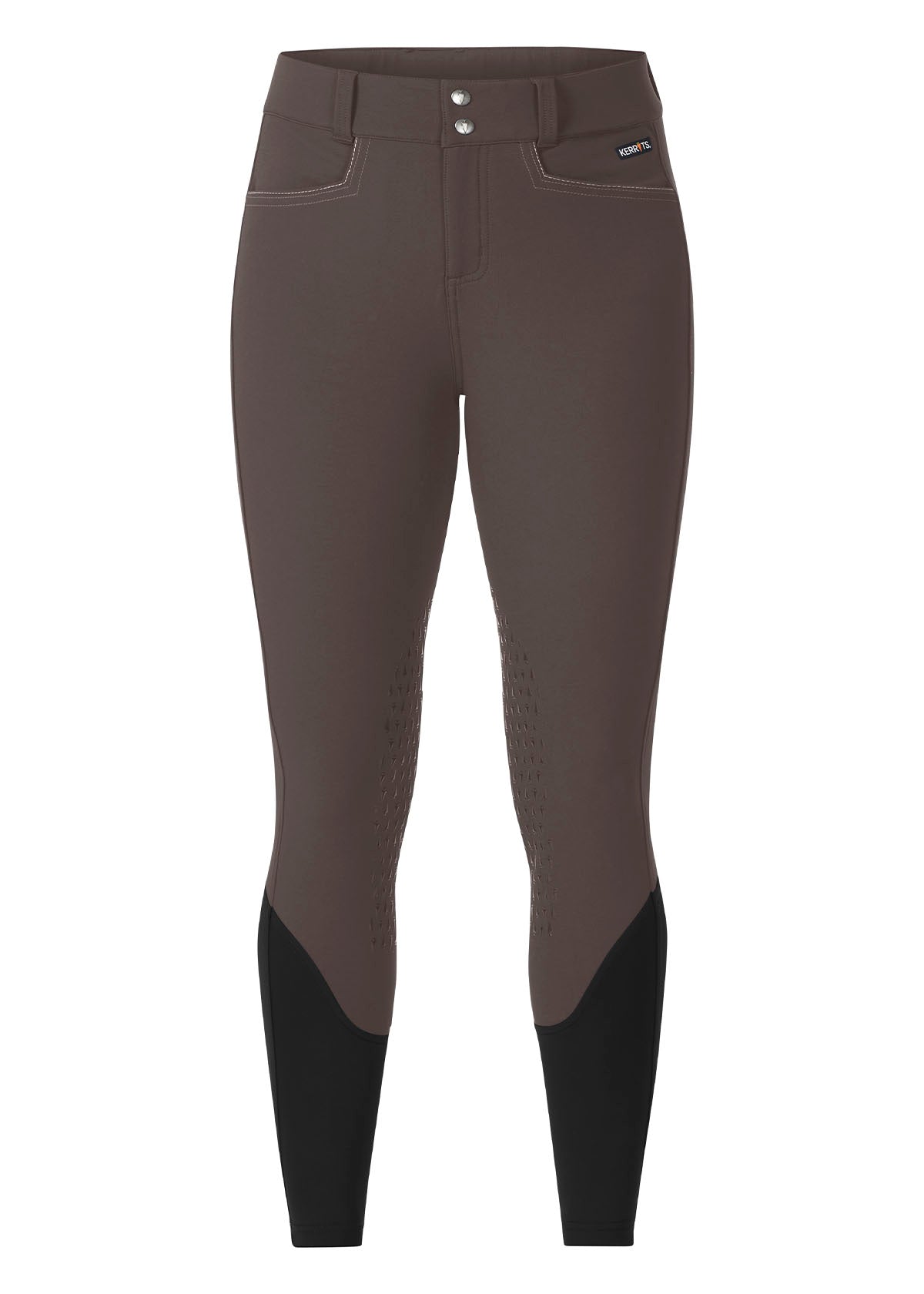 Flat lay of the Kerrits K-Flex™ Knee Patch Breech in Cast Iron, displaying the structured front design and mid-rise waistband.