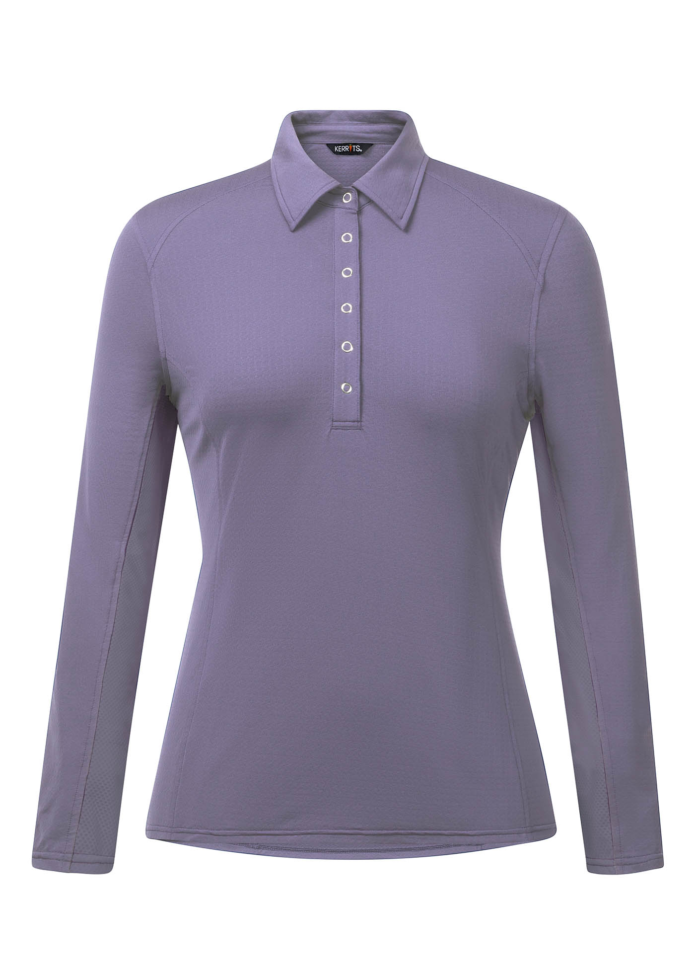 Flat lay of the Kerrits In a Snap Long Sleeve Equestrian Clinic Shirt in Wild Orchid, showing the front profile with shirt collar and snap placket.
