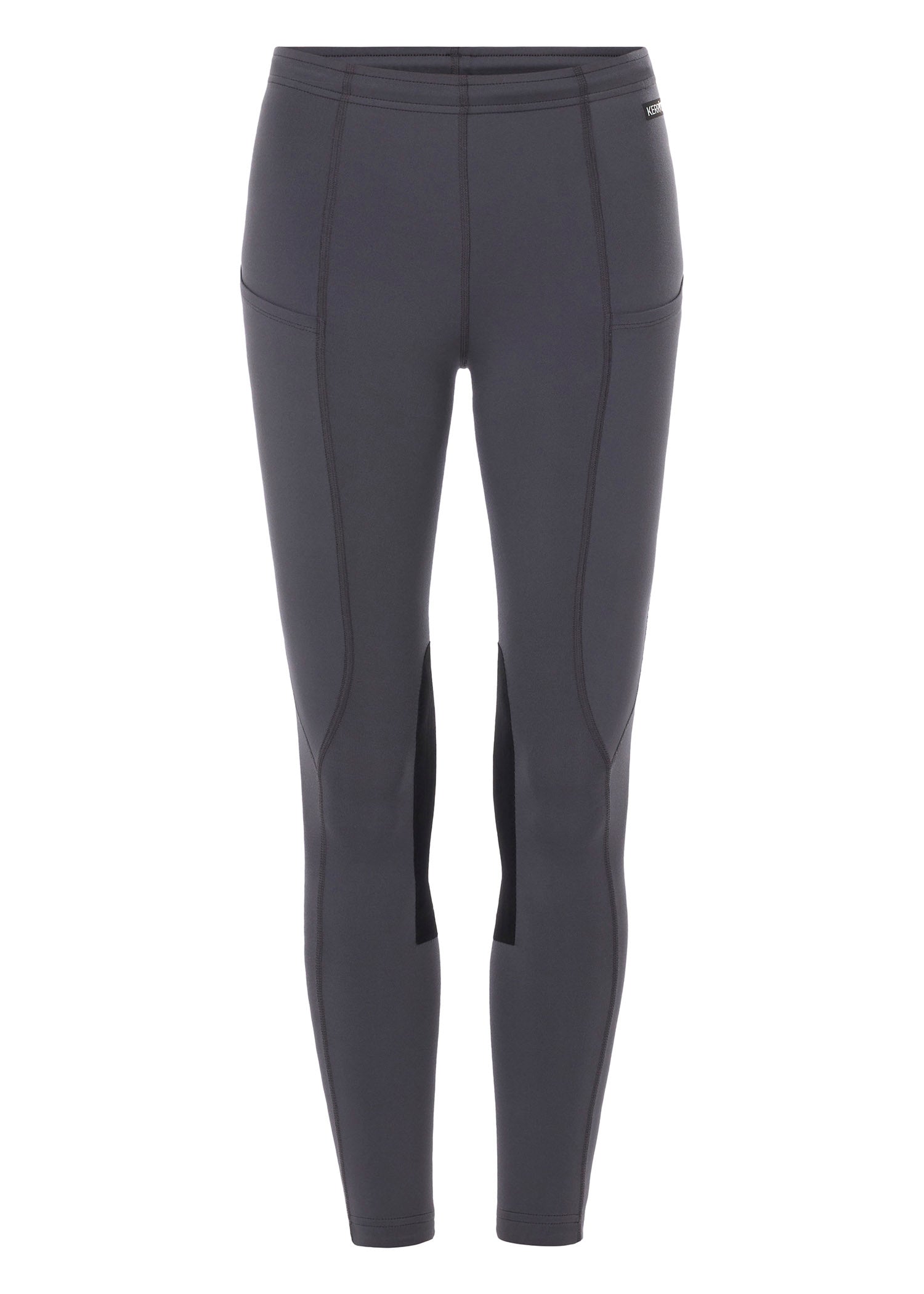Flat lay of the riding tight, front side up, displaying the knee patches, waistband, side pockets, and overall design