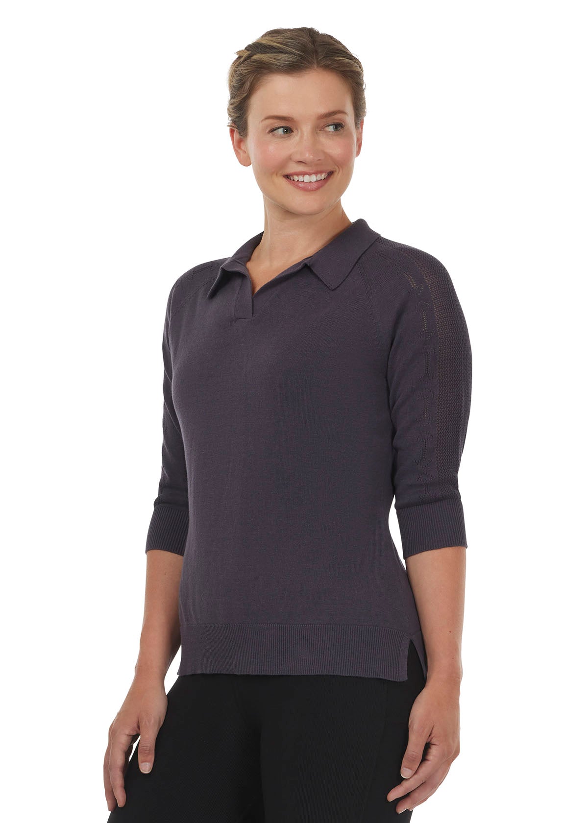 Front view of the Bit of Breeze Sweater Knit Polo in Abyss, featuring a pointed polo-style collar, open placket, and ribbed hem for a classic look